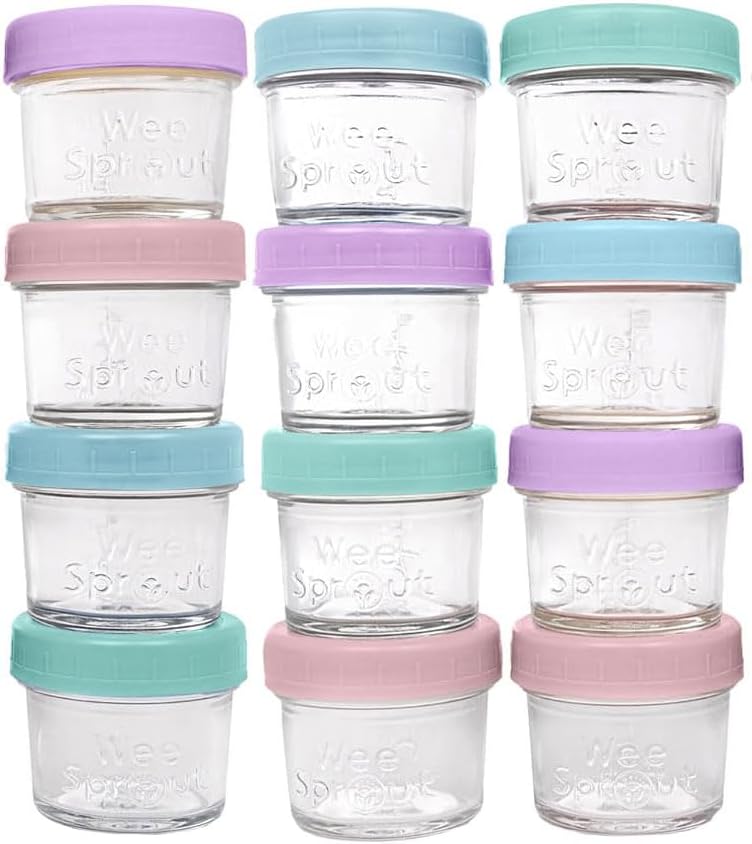 WeeSprout Baby Food Storage Glass Jars w/Lids (4 oz, 12 Pack) Pastel Variety, Snack, Reusable Small Containers, Fridge or Freezer, Microwave & Dishwasher Safe, Essentials for Infants