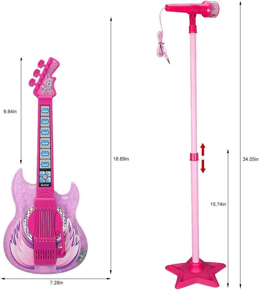 TAKIHON Guitar and Microphone Set for Kids,Guitar Toys with Music&Colorful Light,Adjustable Height Microphone with Stand,Karaoke Toys Gift for Boy,Girls,Toddlers(Red)-Upgraded