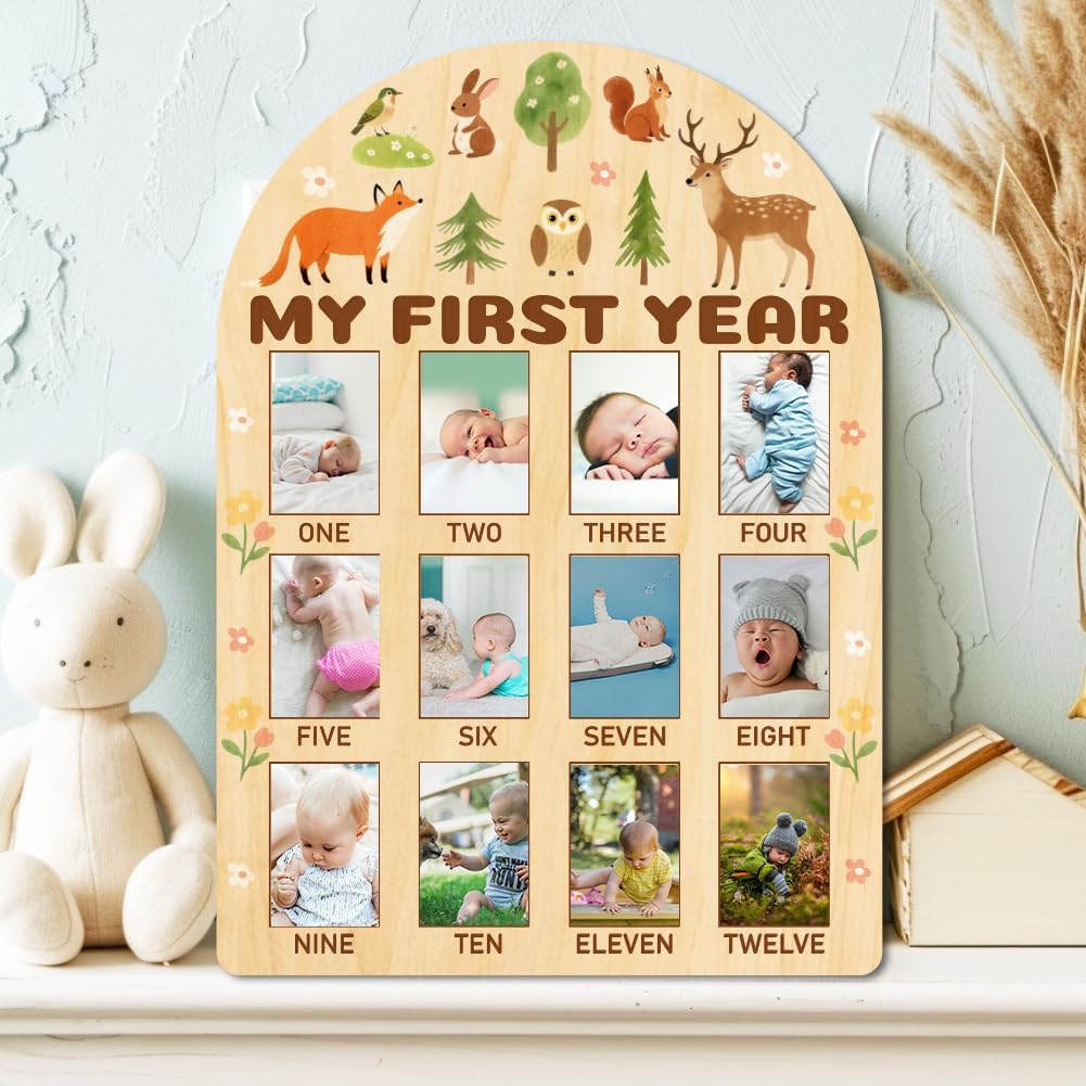 ORIGACH My First Year Baby Growth Photo Display Wood Board - 12 Months Newborn Milestones Photo Board - Neutral Baby Keepsake Board 1st Birthday Party Nursery Decor - Forest Animal & Flower