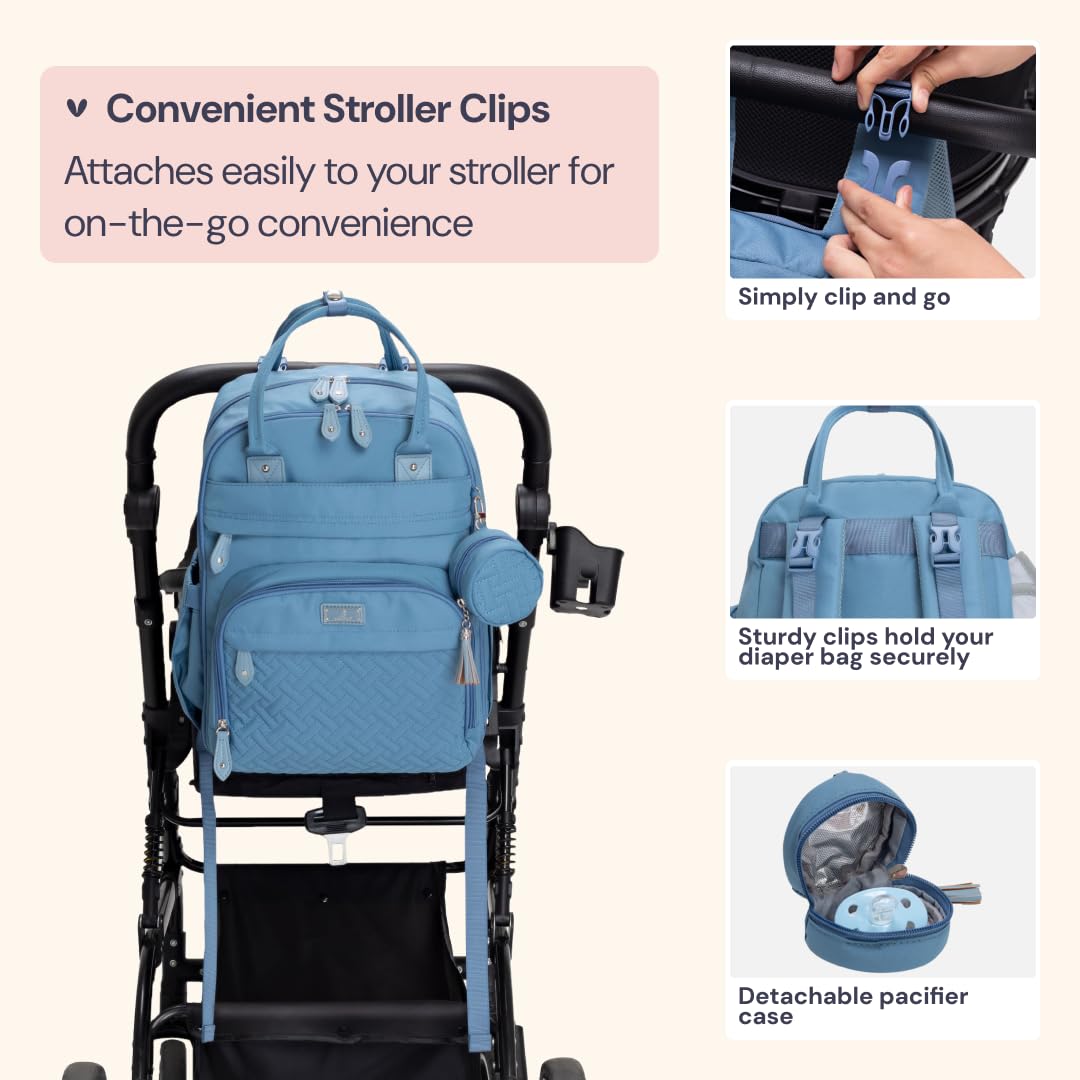 BabbleRoo Diaper Bag Backpack - Baby Essentials Travel Tote - Multi function Waterproof Diaper Bag, Travel Essentials Baby Bag with Changing Pad, Stroller Straps & Pacifier Case - Unisex, Light Blue