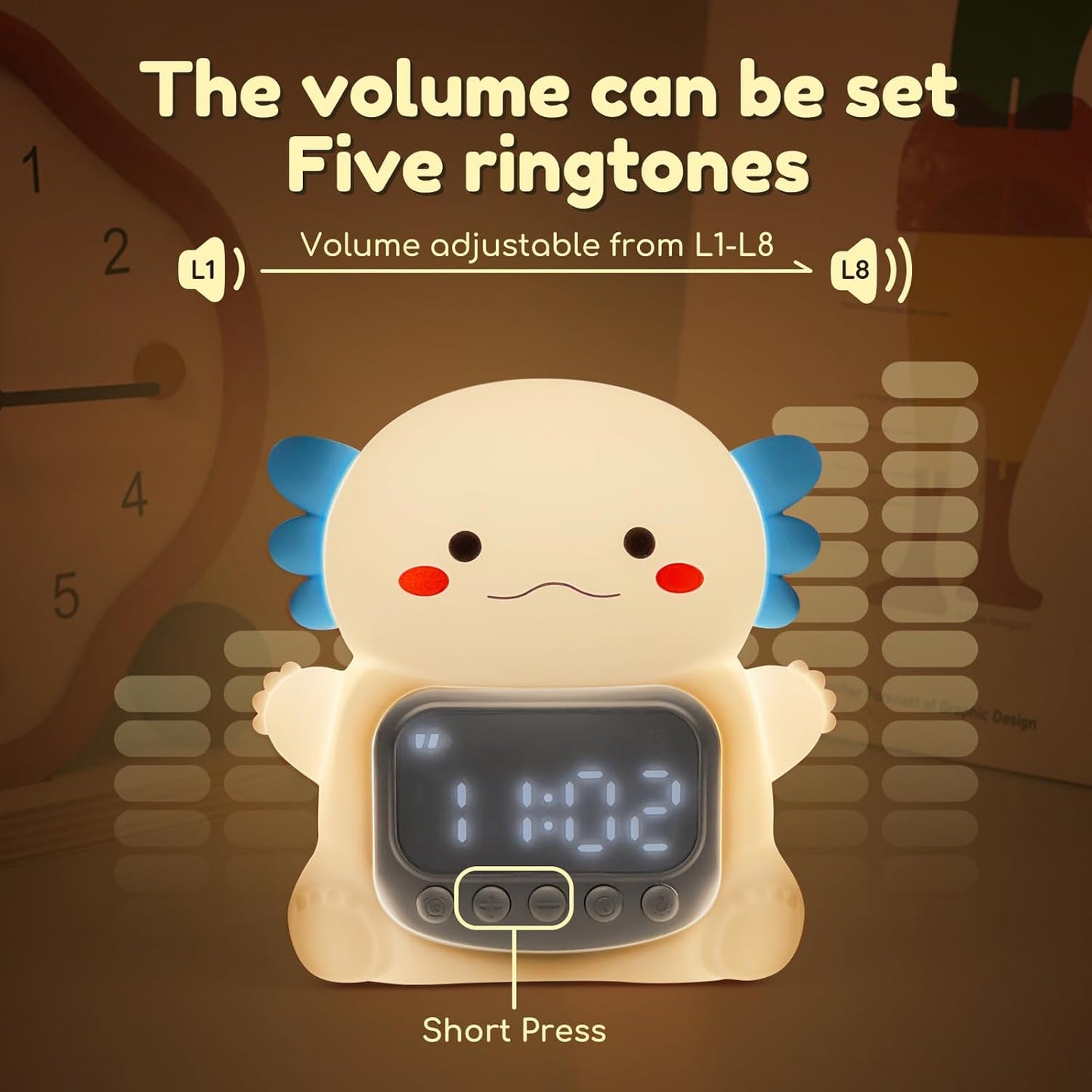 Axolotl Alarm Clock with Night Light for Kids, 7 RGB Color Cute Alarm Clocks for Bedrooms Ok to Wake Clocks, Silicone Animal Tabletop Lamp for Teen Girls Boys, White