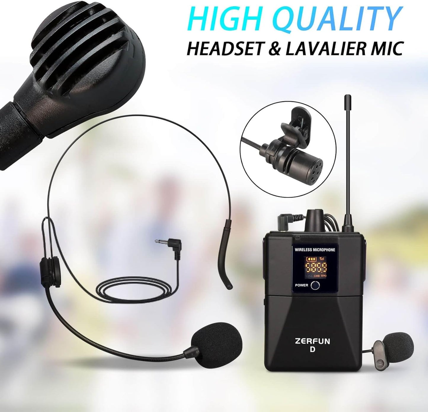 Pro Wireless Microphone System 4 Channel, UHF Metal Cordless Handheld Headset Lavalier Lapel Mics for Church Karaoke Singing, 4x50 Adjustable Frequency(G8 Battery 2 Handheld 2 Bodypack)