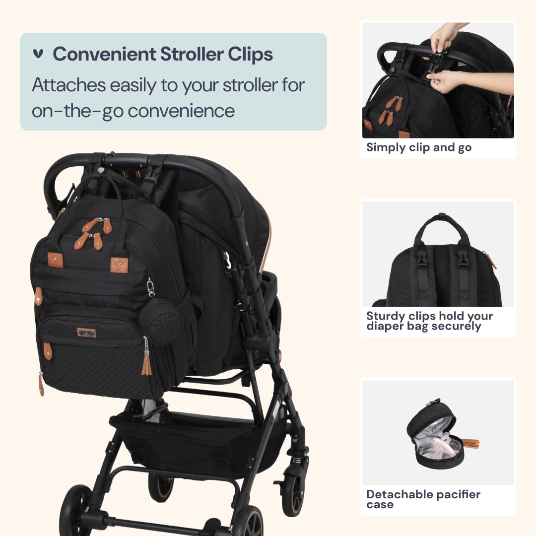 BabbleRoo Extra Large Diaper Bag Backpack, Expandable Baby Bag with Up to 50% More Capacity - Travel Essentials Baby Bag Tote with Changing Pad, Stroller Straps & Pacifier Case - Unisex, Black