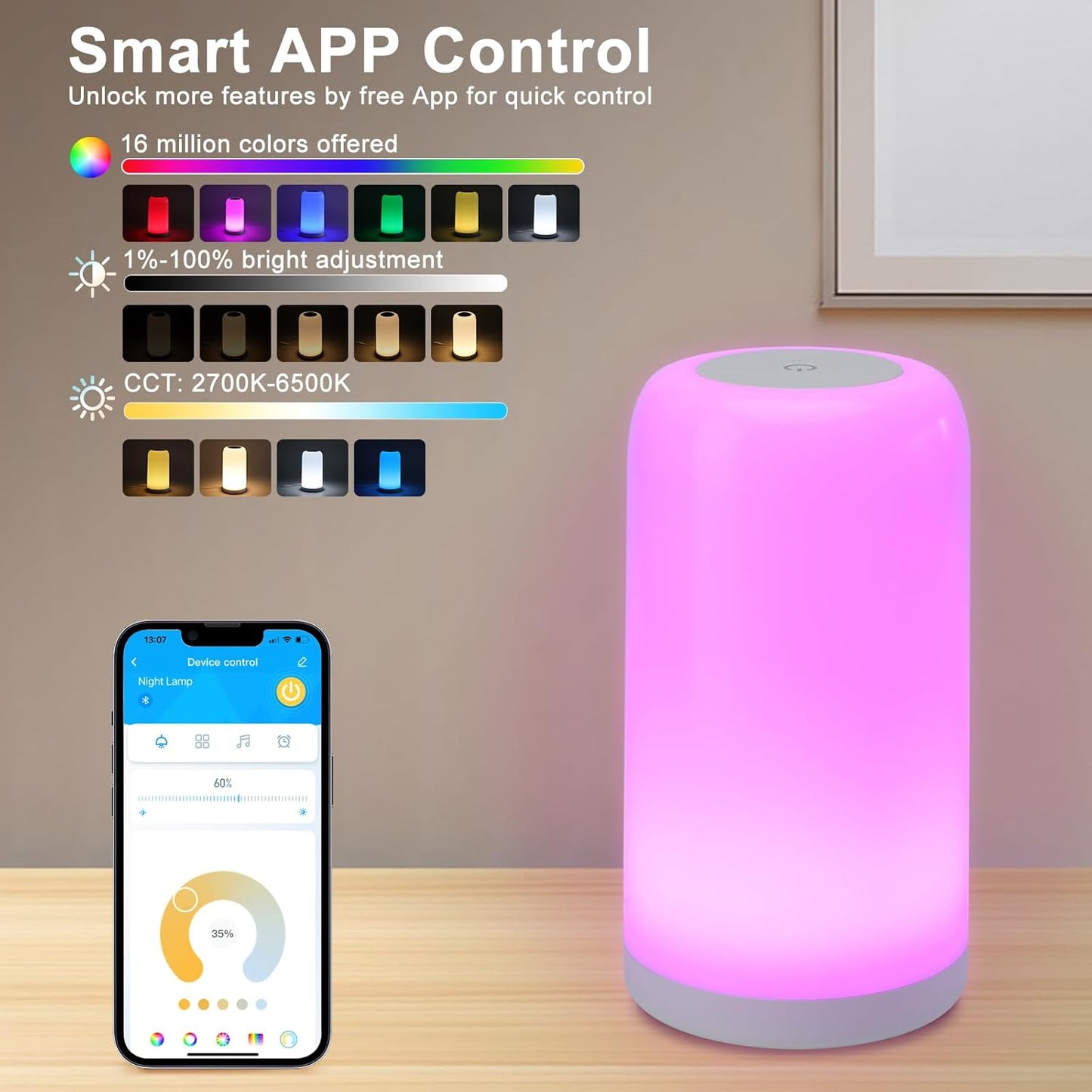 Dimmable Touch Night Light - 7 Brightness & 13 RGB Colors, Portable Bedside Lamp, Touch & App Control, Smart LED Lamp for Nursery, Reading, Decor