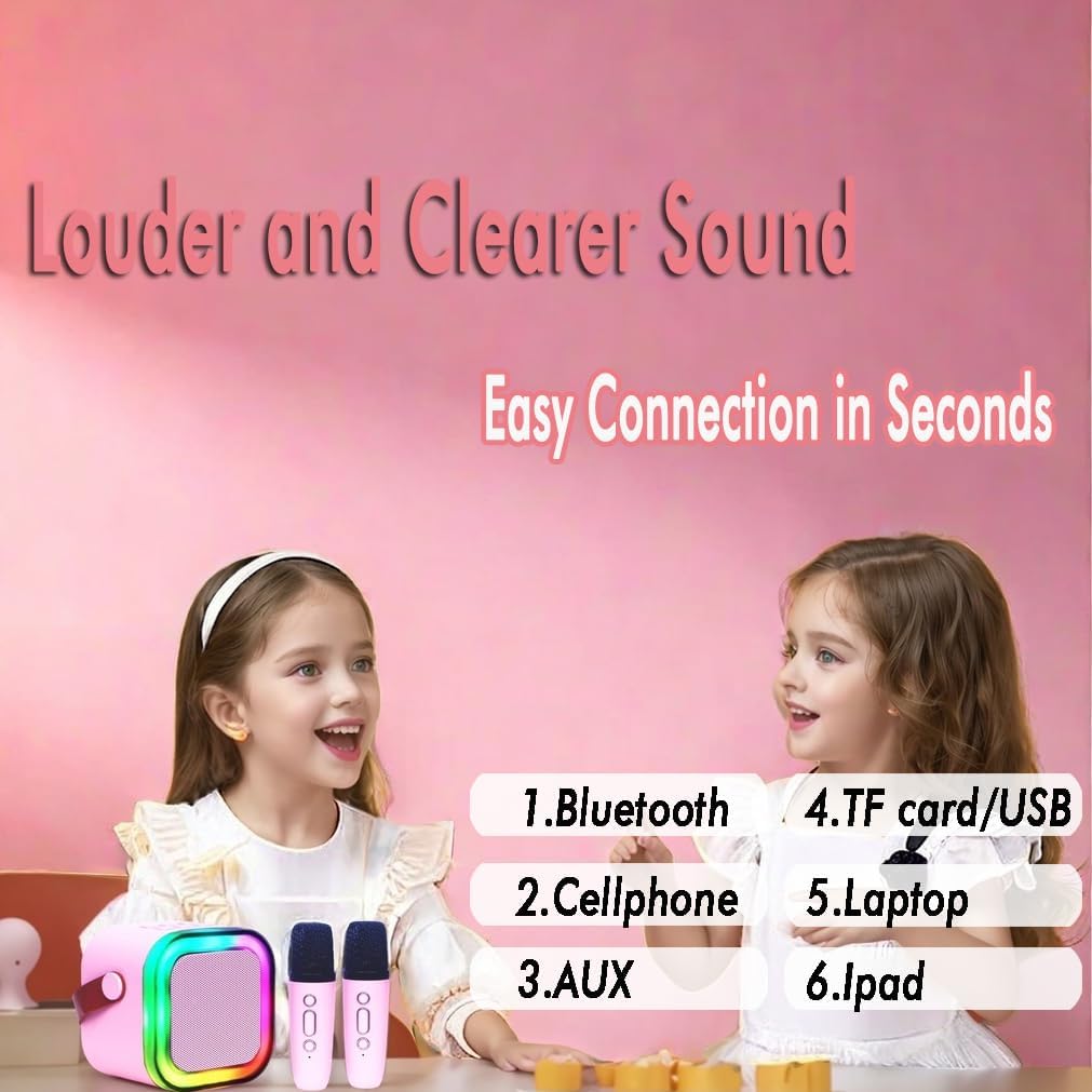 Mini Karaoke Machine for Kids Adults with 2 Wireless Microphones Portable Bluetooth Speaker with Microphone,Toys Birthday Gifts for Girls Ages 4, 5, 6, 7, 8,12+ Toddler Teens