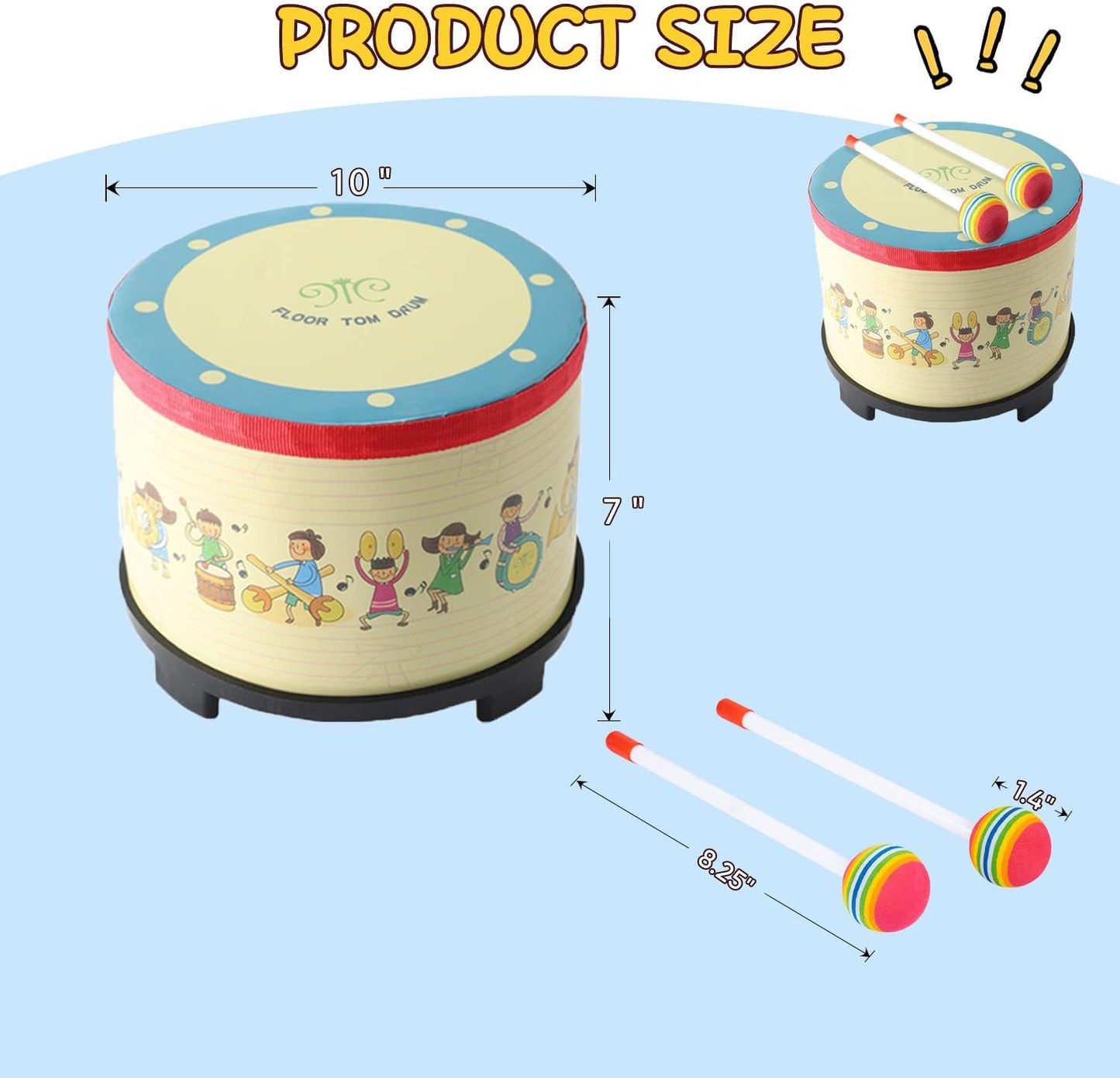 Floor Tom Drum 10 inch Gathering Club Carnival Colorful Percussion Instrument with 2 Mallets Music Drum for Child Special Christmas Birthday Gift(10 inch)