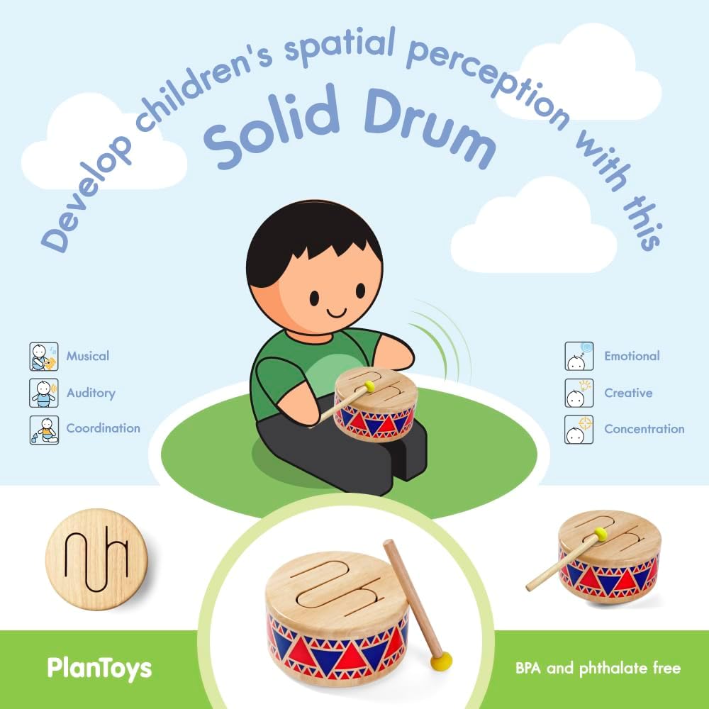 PlanToys® Solid Drum Wooden Musical Toy for Toddlers | Pretend Play Instrument for Kids | Eco-Friendly Percussion Toy for Coordination, Creativity & Early Learning Development