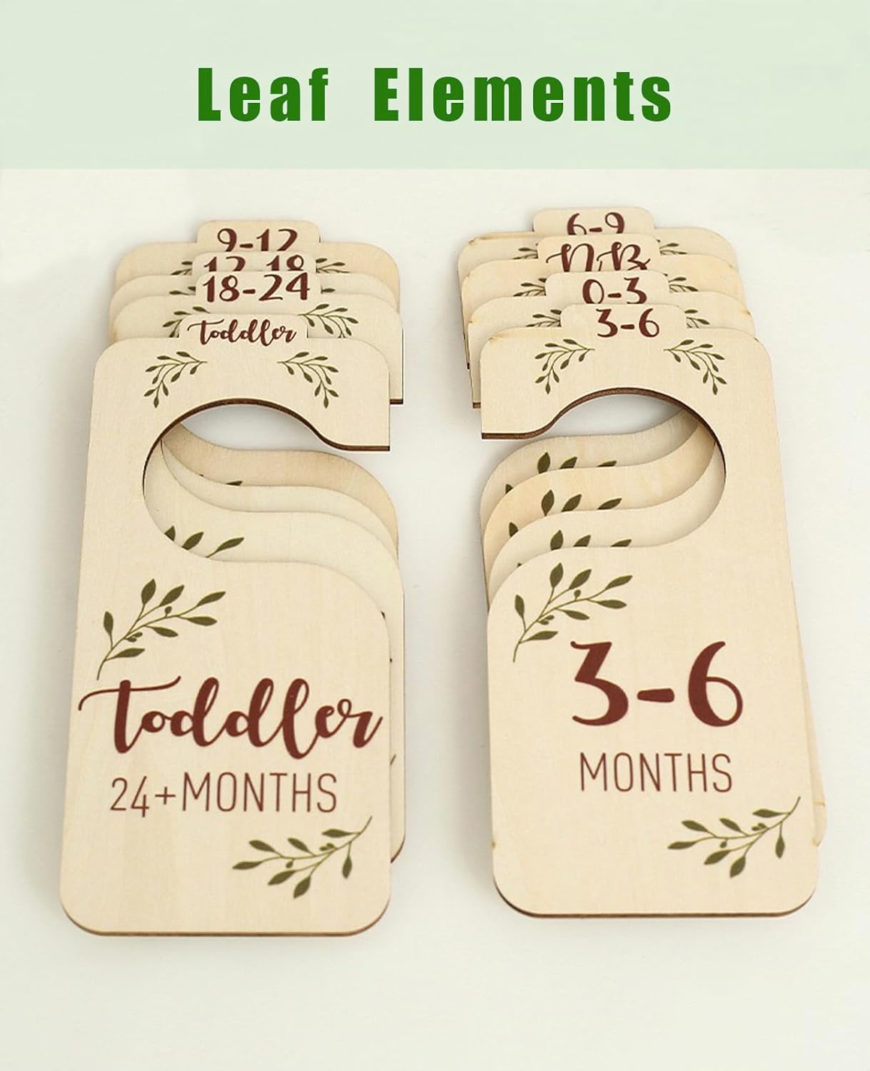 Closet Dividers for Baby Clothes, Wooden Double-Sided Hangers With Size Dividers, Organizer From Newborn to Toddler for Nursery Decor (Leaf)