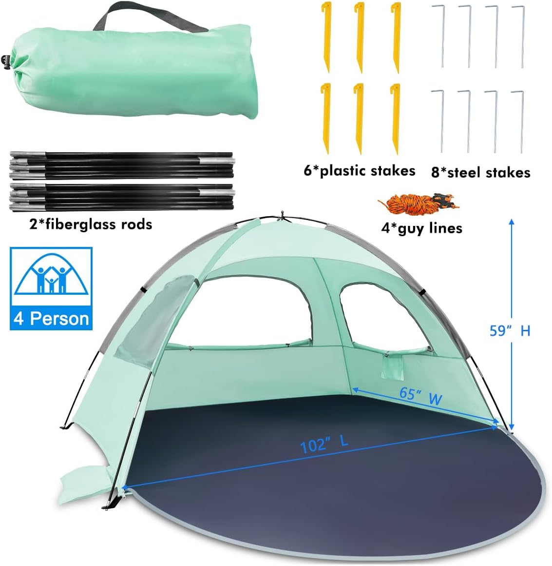 NXONE Beach Tent Sun Shade Shelter for 3/4/6 Person Person with UV Protection, Extended Floor, 3 Mesh Roll Up Windows & 8.0/8.5mm Fiberglass Rods丨Carry Bag Included