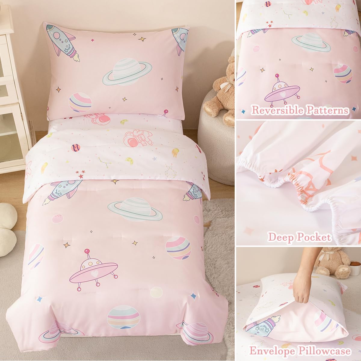 PERFEMET 4 Piece Toddler Girl Bedding Set Space Theme Pink Toddler Bed Set with Sheets Soft Reversible Astronaut Planets Crib Bed Comforter for Kids Girls