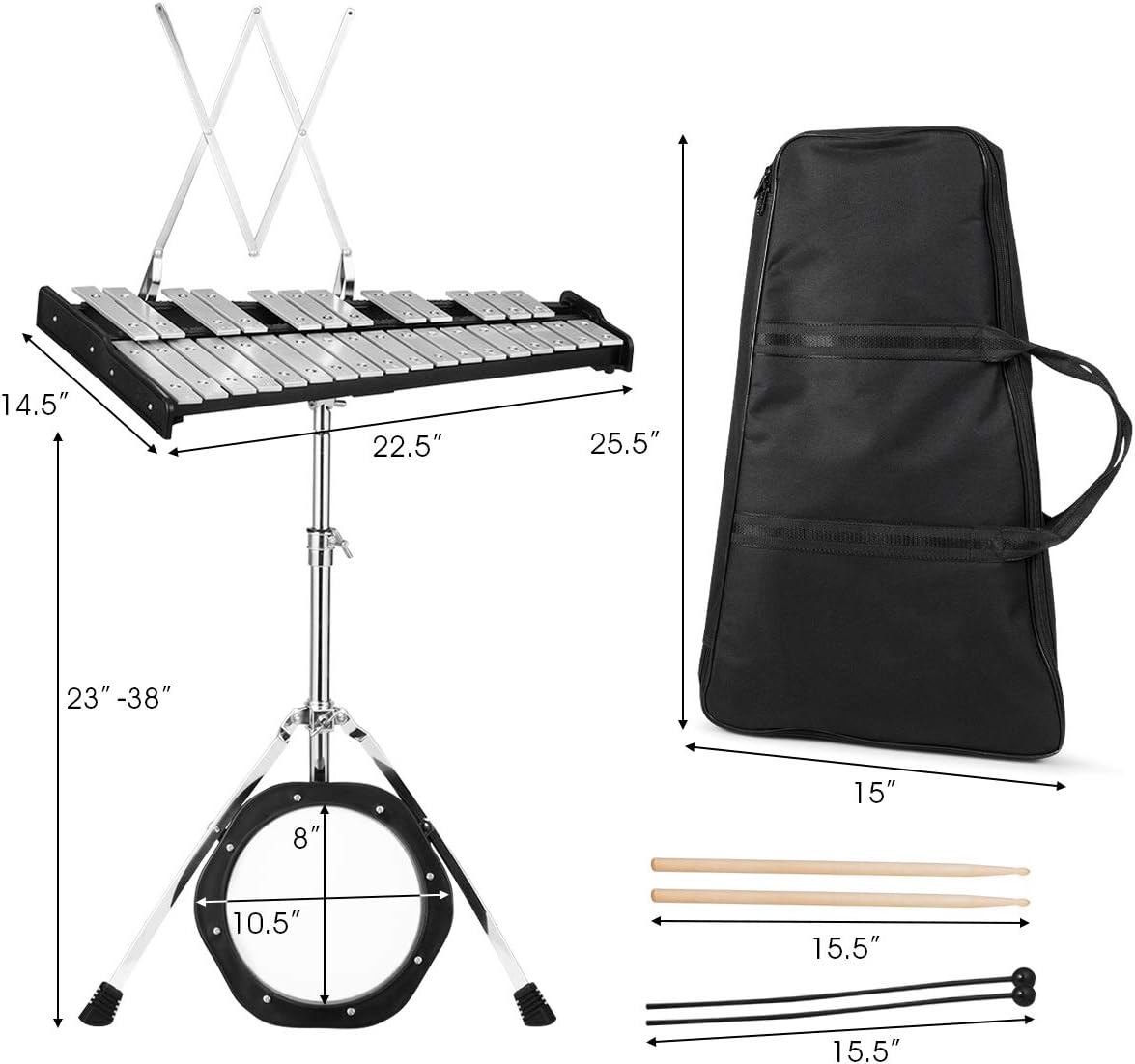Giantex Percussion Glockenspiel Bell Kit 30 Notes, Xylophone with Adjustable Height Frame, Music Stand, 8" Practice Pad, Bell Mallets, Drumsticks, Carrying Bag, for School Band Beginner Student