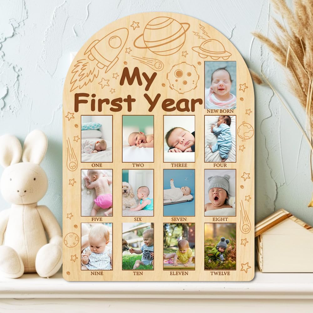 ORIGACH My First Year Baby Growth Photo Display Wood Board - 12 Months Newborn Milestones Photo Board - Neutral Baby Keepsake Board 1st Birthday Party Nursery Decor New Mom Gift - Space
