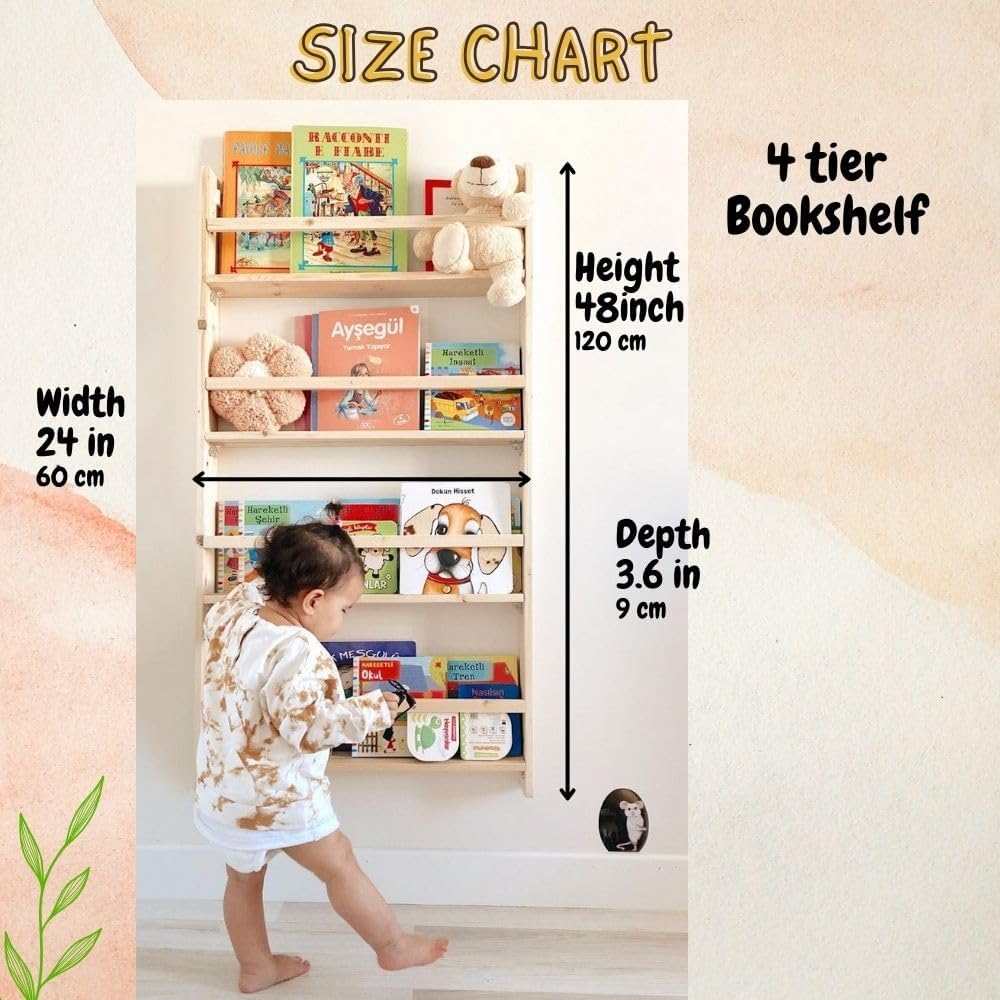 Handmade Solidwood Wall Mounted Montessori Kids Bookshelf, Solid Pine 4 Tier Book Display for Children Bedroom, Nursery Furniture Bookcase, Pine Tree Book Organiser for Living Room (Chestnut)