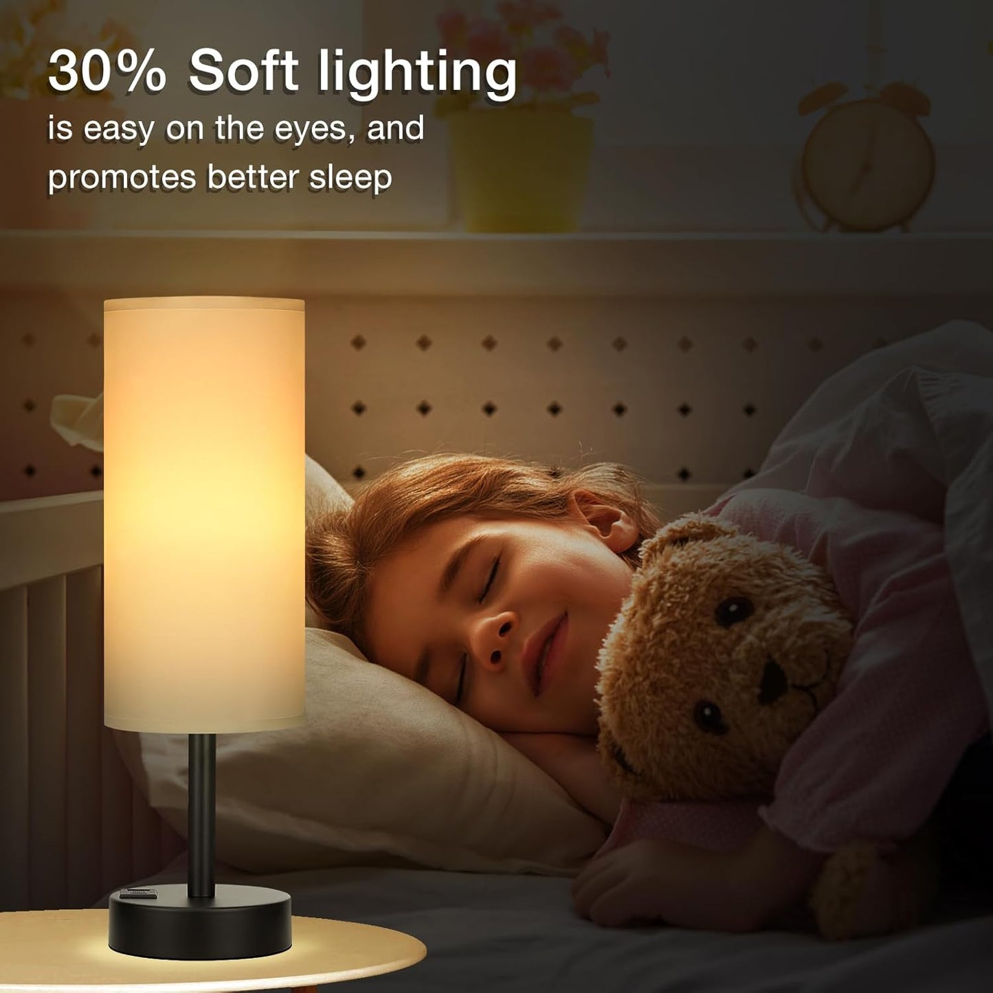 Bedside Touch Table Lamps for Bedroom Nightstand with USB-C USB-A Charging Ports White, 3 Way Dimmable Small Lamp Fabric Shade Black Base for Office, Living Room, Dorm Room Reading