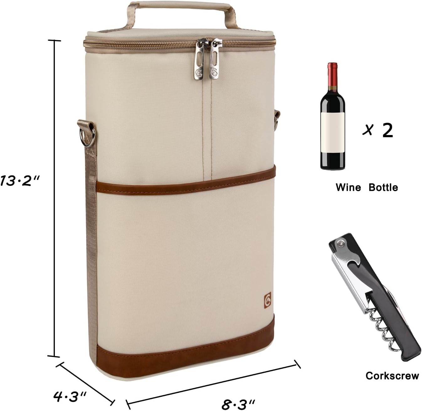 ALLCAMP 2 Bottle Wine Tote Carrier - Insulated Portable Padded Canvas Wine Bag for Travel, BYOB Restaurant, Wine Tasting, Party, Great Christmas Day Gift for Wine Lover,Cream-colored