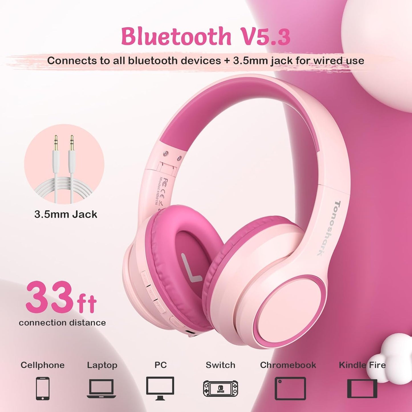 Active Noise Cancelling Headphones for Kids, 60H Playtime, Wireless Bluetooth Over-Ear Blue Headset Built-in Microphone for Home/School/Travel/Party - Includes Portable Case (Pink)