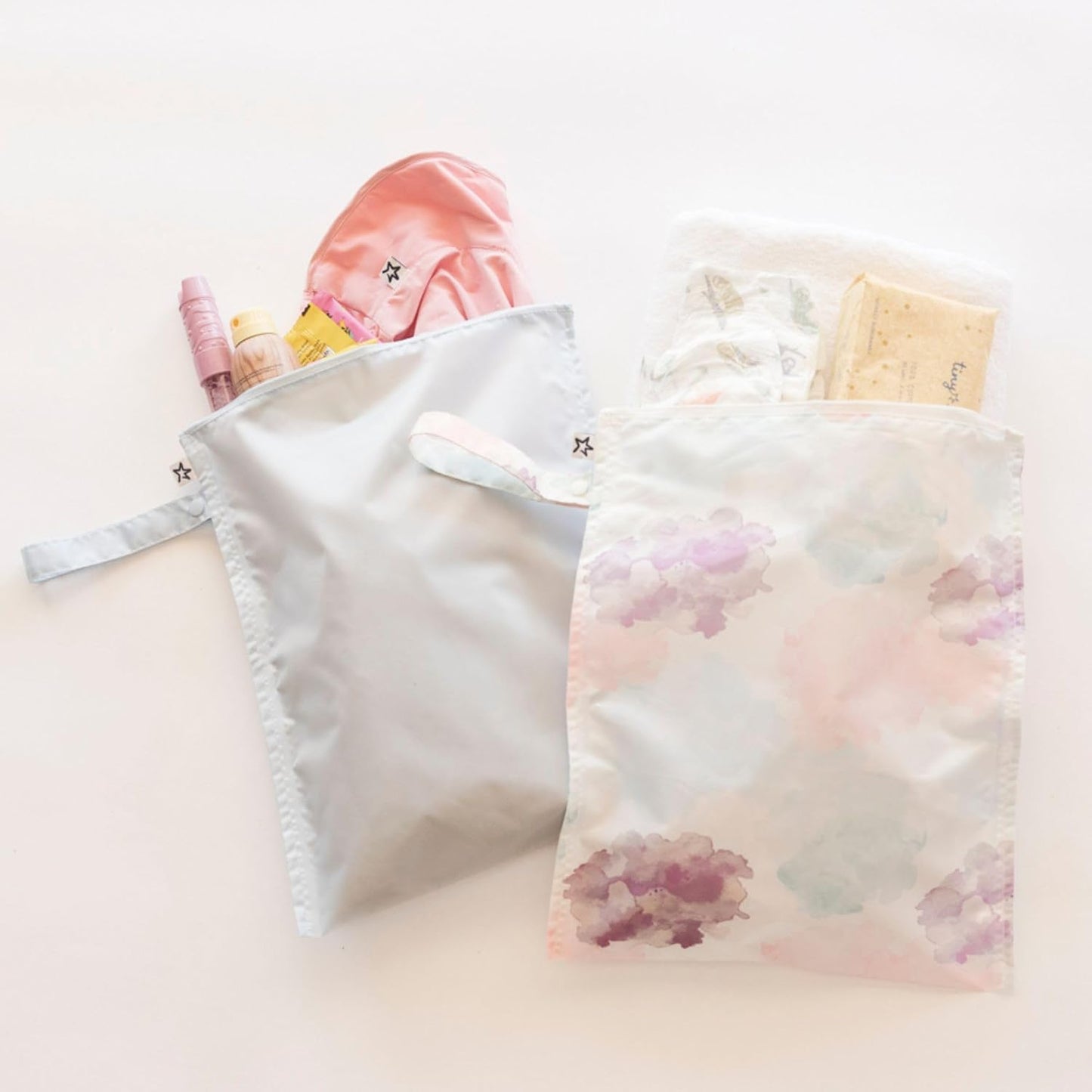 Tiny Twinkle Mess-Proof Waterproof Wet Dry Bag | 2-Pack Reusable Wet Bags for Swimsuits & Baby Clothes | Leakproof Wet Bag for Travel & Diaper Changes for Baby (Cotton Candy)