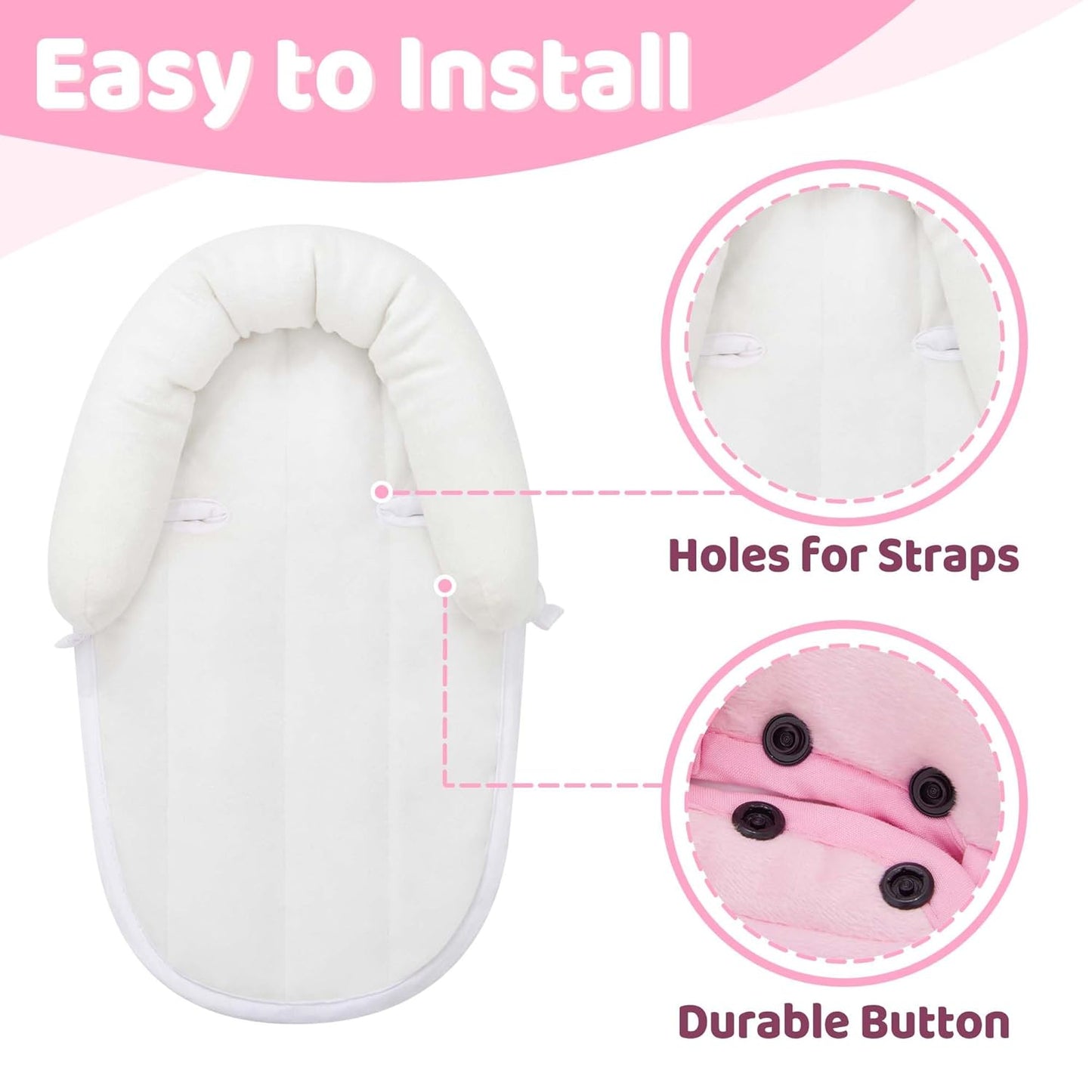 Pro Goleem Breathable 3-in-1 Baby Car Seat Head Support, Soft Infant Car Seat Insert, Carseat Cushion for Newborn, Perfect for Car Seat, Strollers, Swings, Carrier, Bouncer, Pink and White