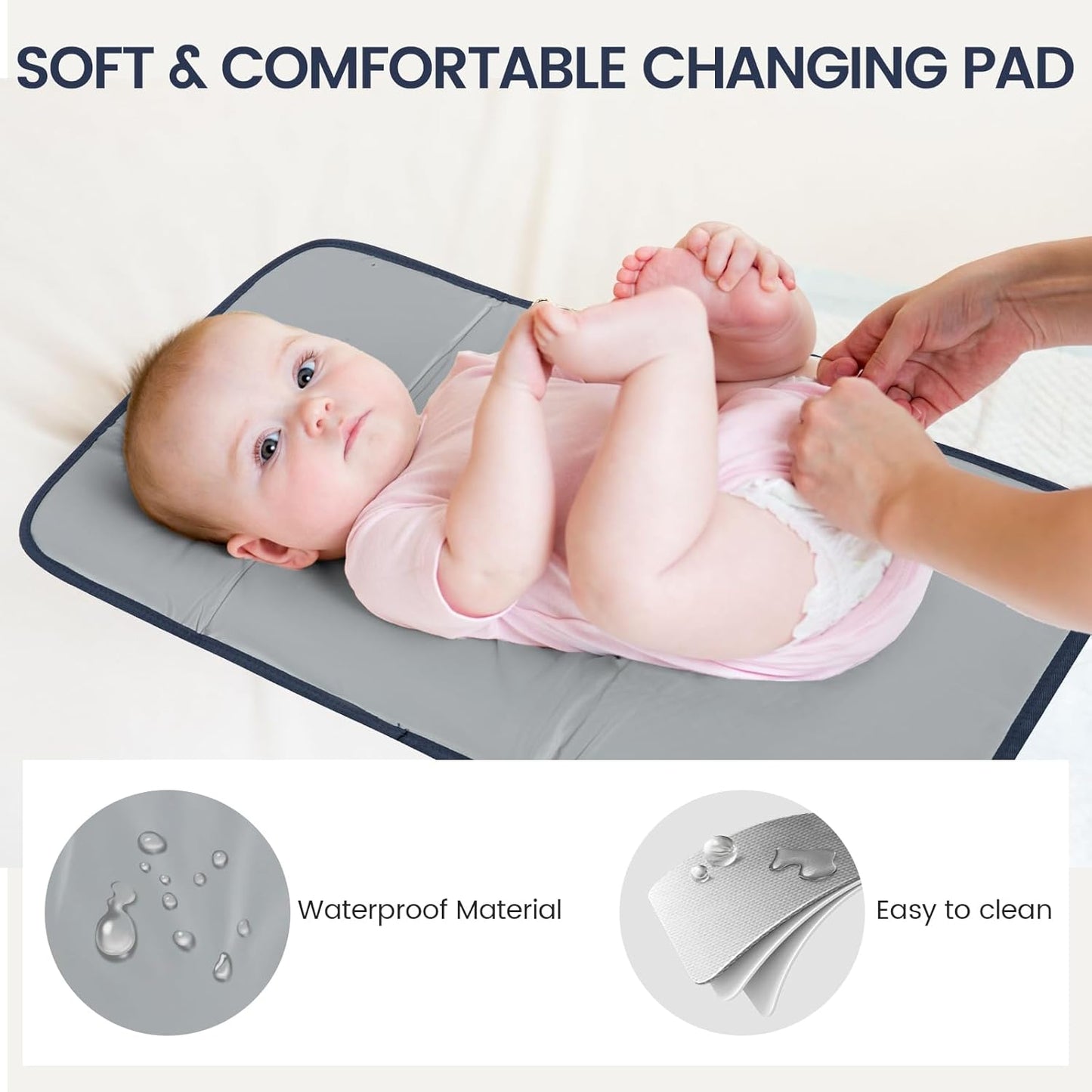 LOVEVOOK Diaper Bag Backpack, Baby Bag with Changing Station, Large Diaper Backpack for Mom Dads, Waterproof Leather Mommy Bag for Boy and Girl, Travel Essential Baby Shower, Navy Blue-Beige