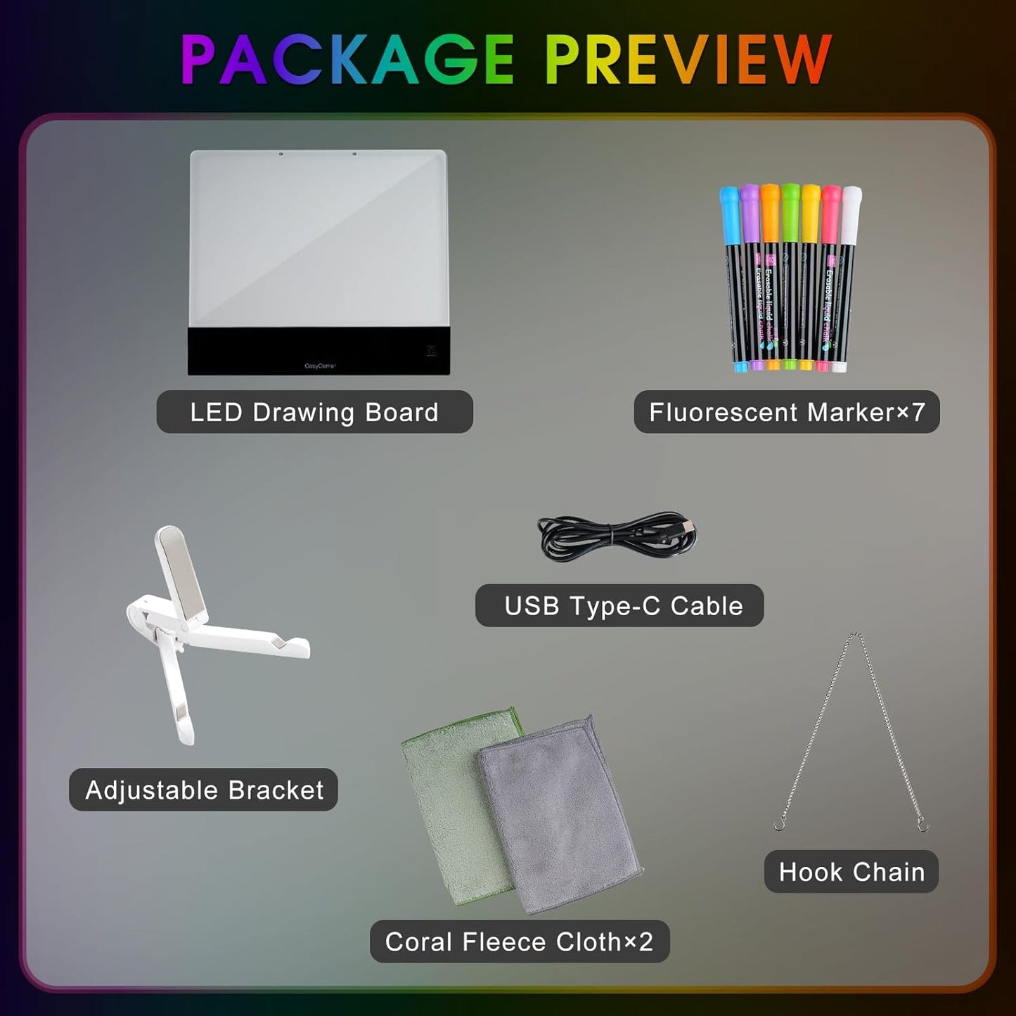 LED Drawing Board for Kids - Doodle Glow Note Board with Colors | Rechargeable Acrylic Dry Erase Board with Light & Touch Switch | 5H Battery, Glow Writing Pad for Toddlers & Artists