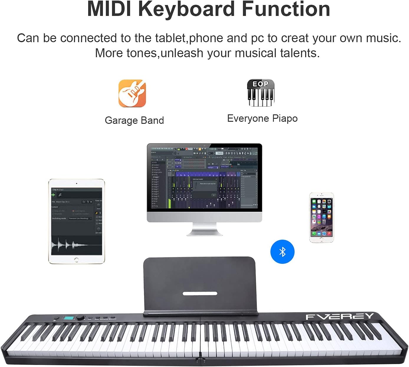 FVEREY Portable Folding Piano Keyboard,Semi-Weighted Folding Digital Piano 88 Key, Full Size Keyboard Electric Piano with Sustain Pedal, Handbag, Bluetooth, USB MIDI for Beginner, Adult