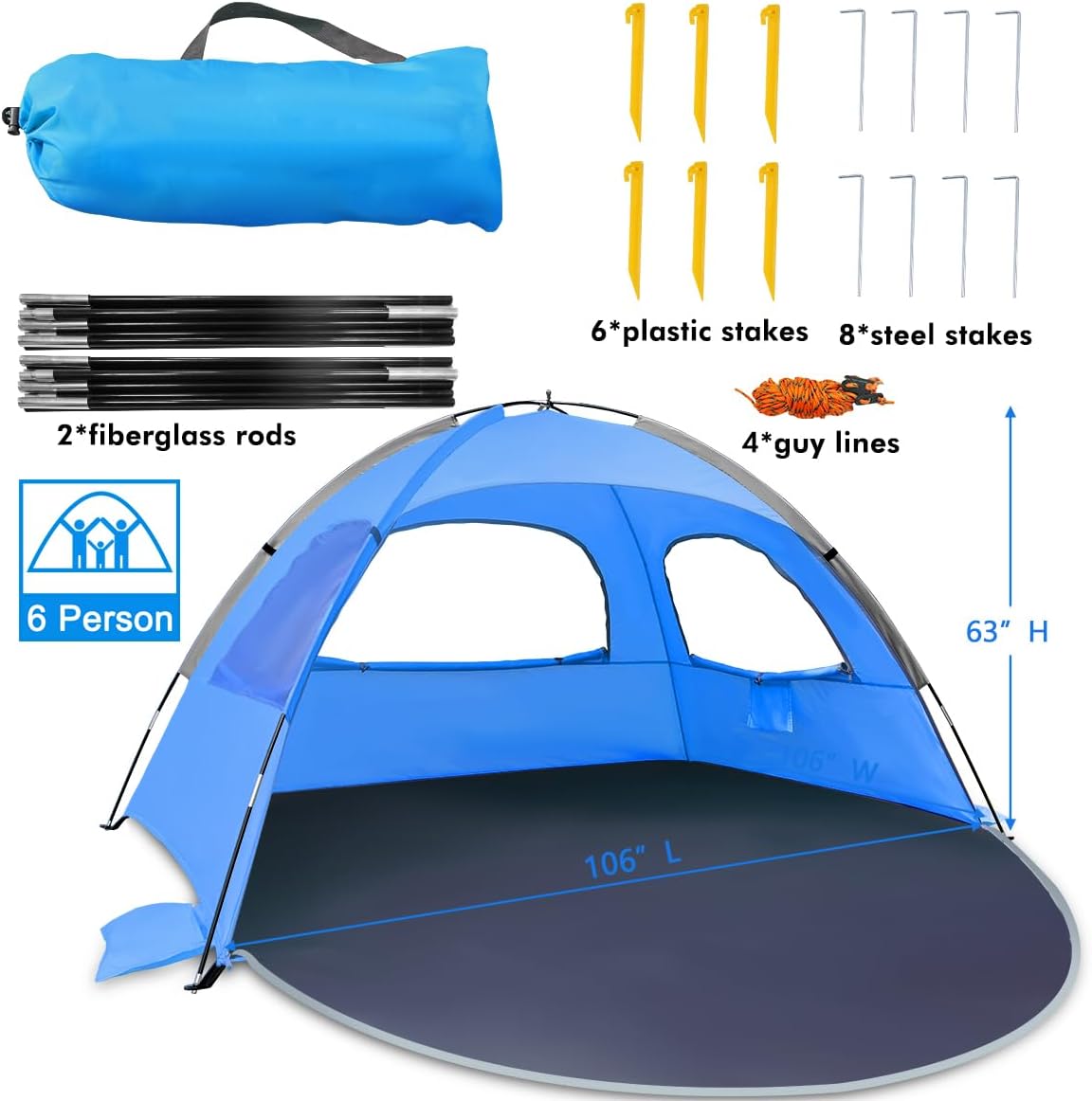 NXONE Beach Tent Sun Shade Shelter for 3/4/6 Person Person with UV Protection, Extended Floor, 3 Mesh Roll Up Windows & 8.0/8.5mm Fiberglass Rods丨Carry Bag Included