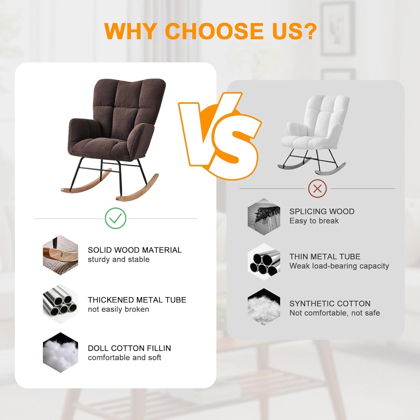 Nursery Rocking Chair, Teddy Fabric Upholstered Glider Rocker with High Backrest, Modern Rocking Accent Chairs Comfy Side Chair for Nursery, Bedroom, Living Room (Brown)