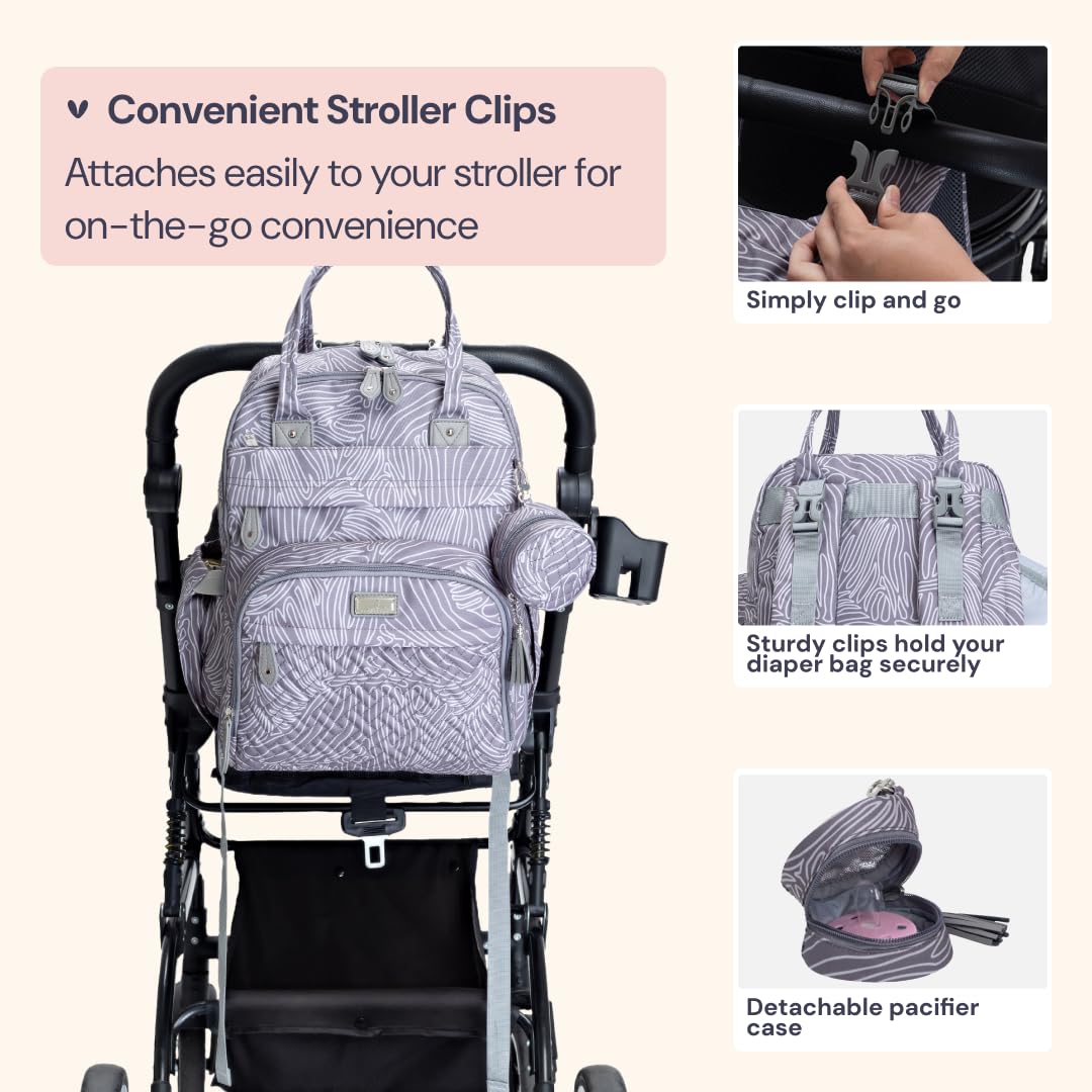 BabbleRoo Diaper Bag Backpack - Baby Essentials, Travel Essentials Baby Bag with Changing Pad, Stroller Straps & Pacifier Case - Unisex, Gray Swirls