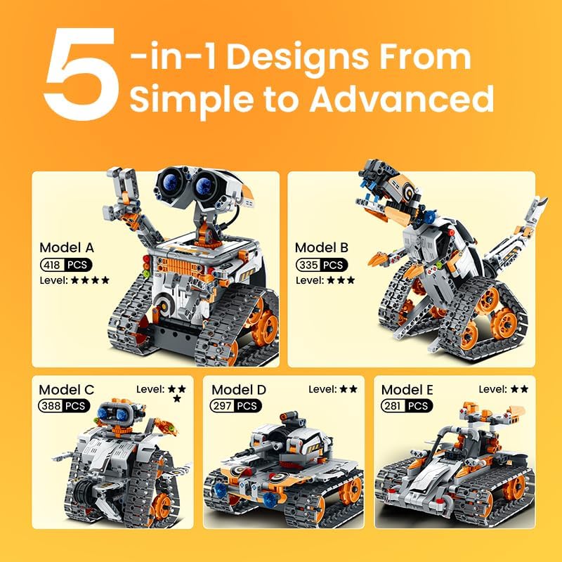 Sillbird Robot Building Kit with Remote Control STEM Gifts for Kids Boys Age 8-12, Coding Technic Robotics Toy for Birthday - Buildable 5in1 Models with 488 Pieces - Orange