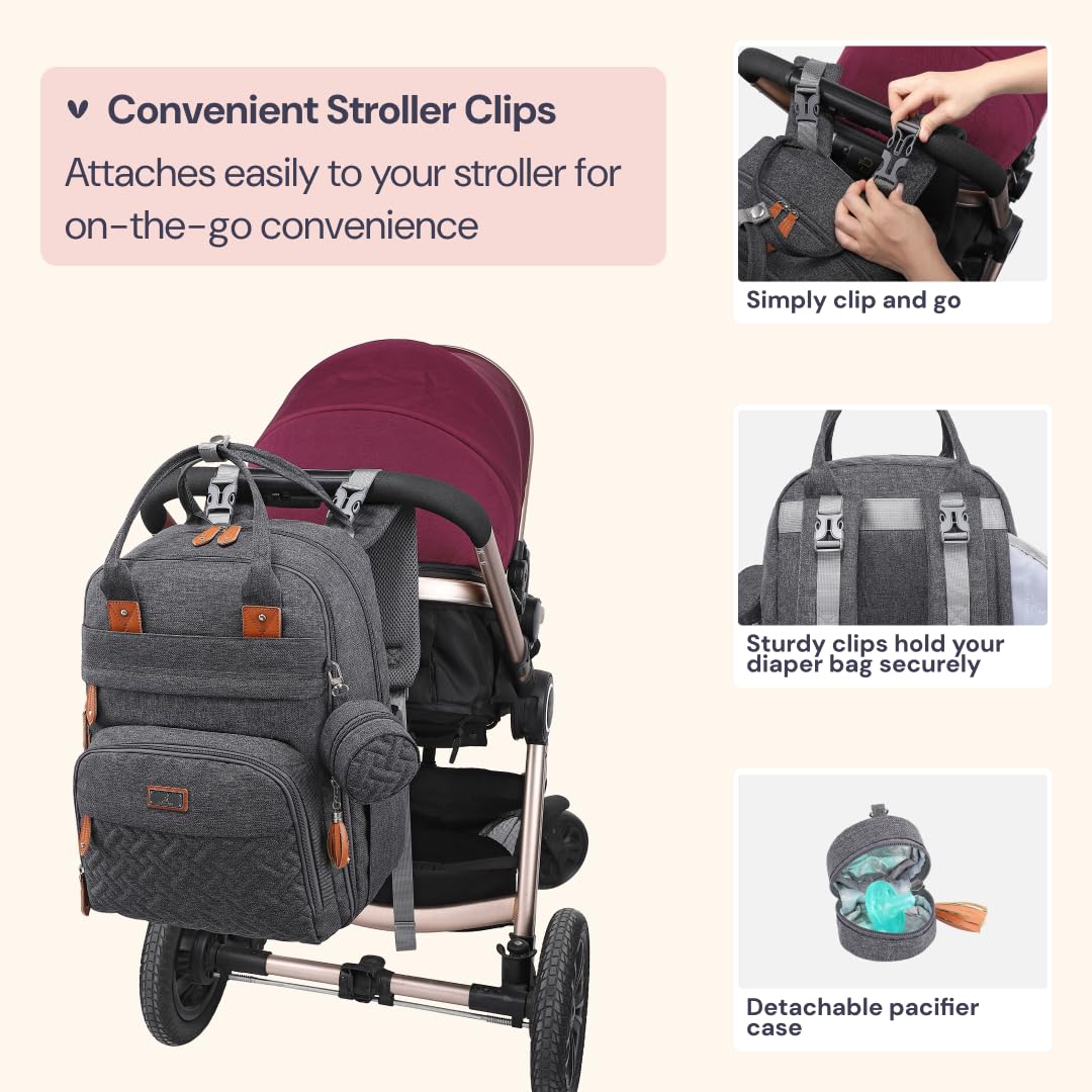BabbleRoo Diaper Bag Backpack - Baby Essentials Travel Tote - Multi Function Waterproof Diaper Bag, Travel Essentials Baby Bag with Changing Pad, Stroller Straps & Pacifier Case - Unisex, Dark Gray
