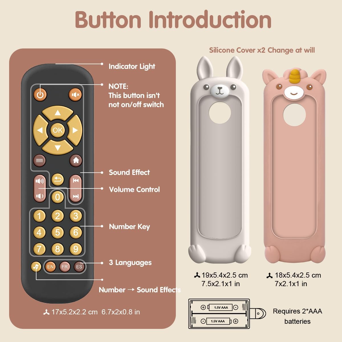 Nueplay Baby TV Remote Control Toy with Silicone Teether Cover, Toddler Realistic Controller, Early Number Learning in 3 Languages (English, Spanish & French), Preschool Girls Toys 6, 12, 18 Months