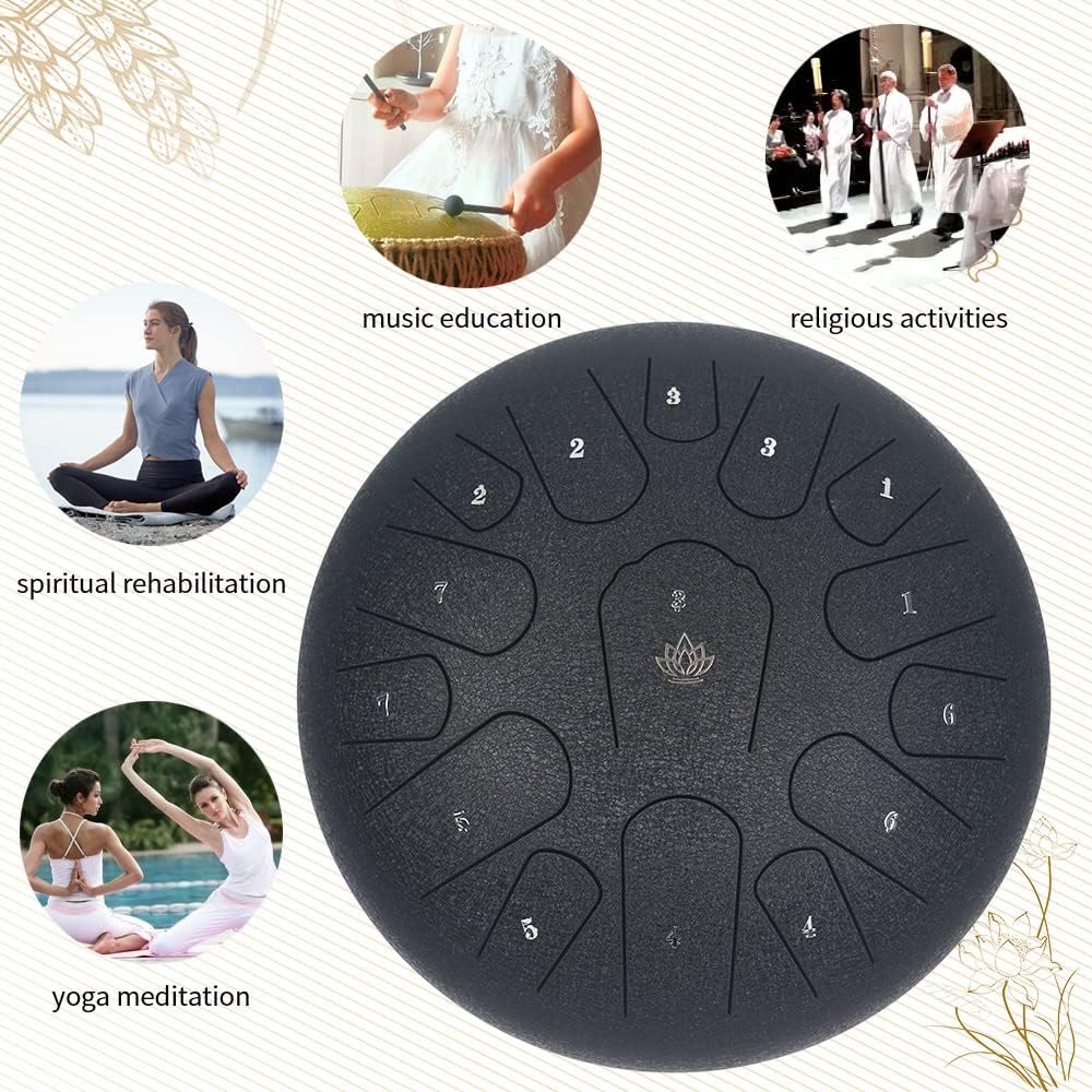 Rain Drum for Outside Garden,Steel Tongue Drum 12 Inches 15 Notes Musical Instruments, Handpan Drum Percussion Instrument, with Soft Bag, Music Book, 2 Mallets, for Meditation or Yoga (Black)