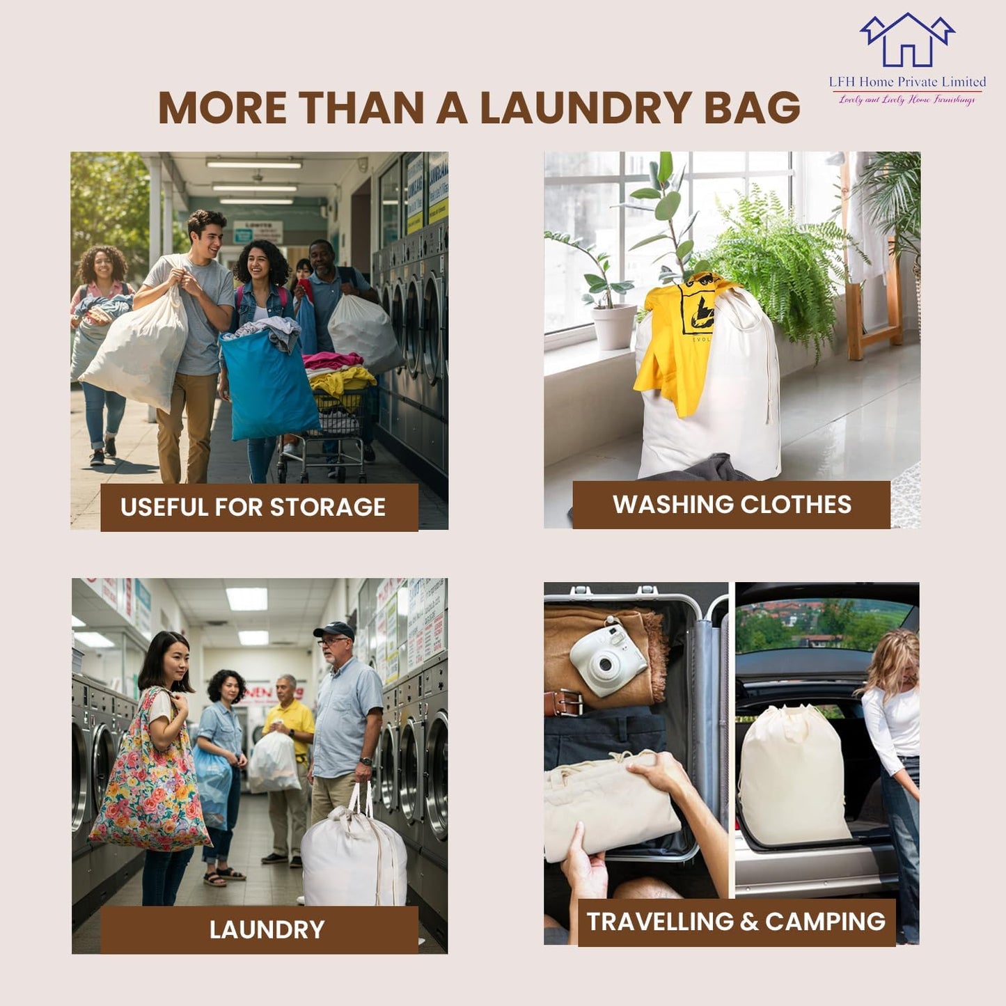 LFH Home Cotton Canvas Extra Large Laundry Bag with Handle, Heavy Duty Drawstring Closure Washable Laundry Bags School Travel, Home, Hotel, College Dorm, Organizer Sack, Toys Clothes 28x40-White
