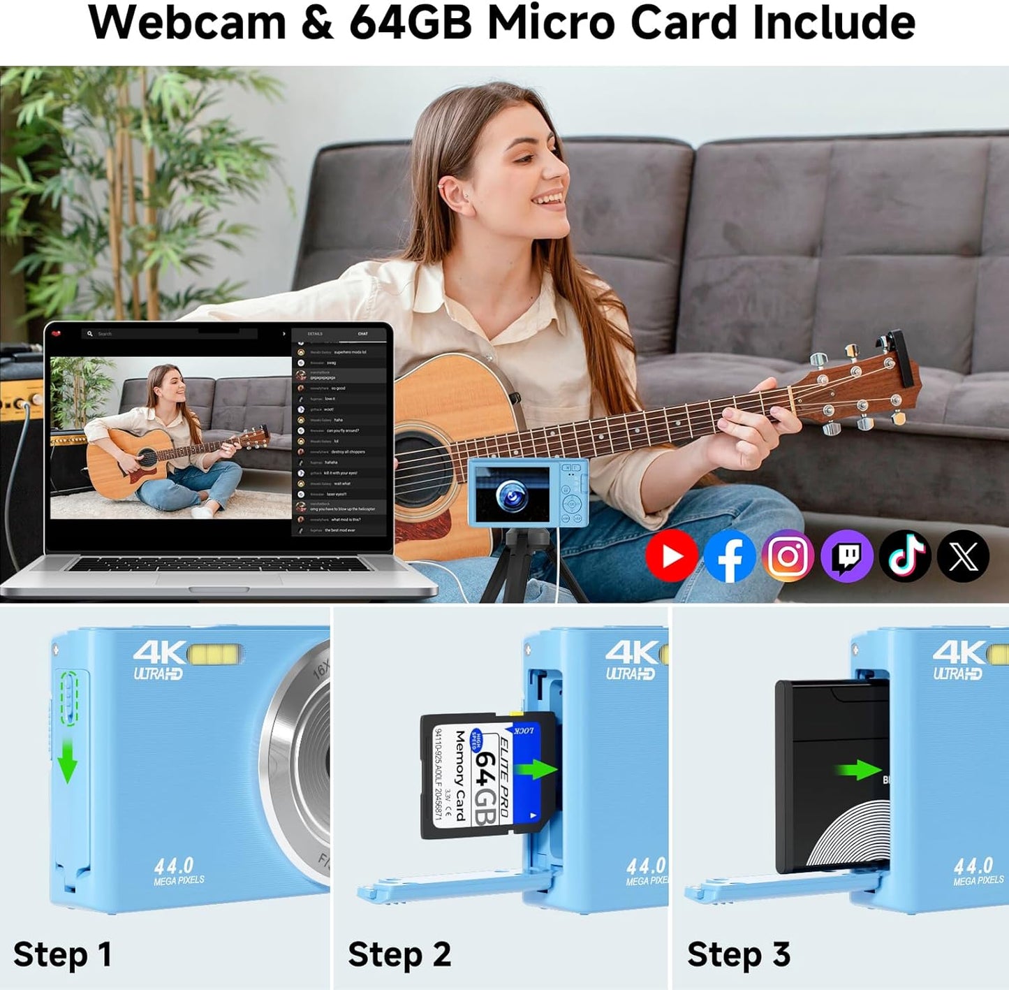 Digital Camera, FHD 4K 44MP Digital Camera, 16X Digital Zoom, Digital Point and Shoot Camera with 3-LED Fill Lights, 64GB SD Card, Compact Camera for Kids Teen Boys Girls, Blue