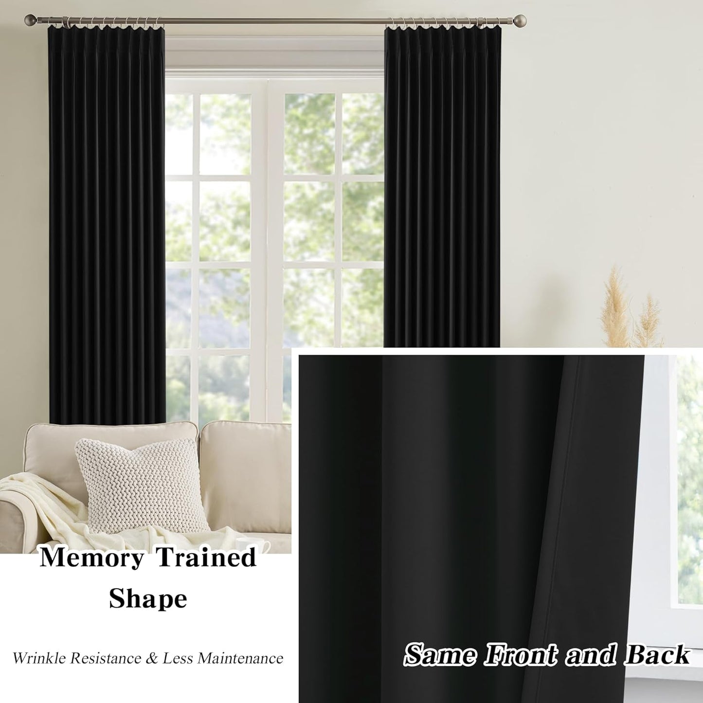 KEQIAOSUOCAI 72 Inch Wide Black Pinch Pleated Curtains 72 x 100, Thermal Insulated Noise Cancelling Living Room Office Drapes 100 Inches Long, Patio Sliding Glass Door Window Curtain 2 Panels