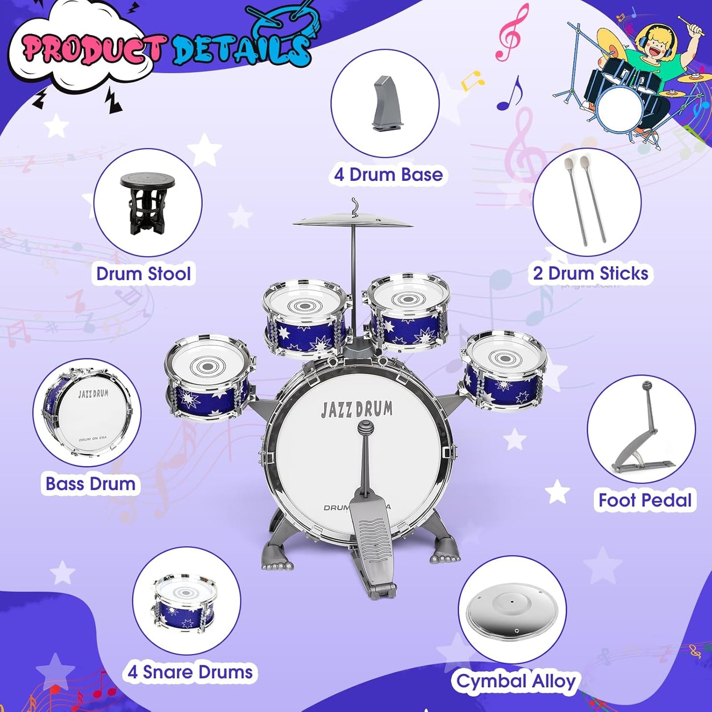 Upgraded Drum Set for Kids 3-5 Toddler Toy Ages 2-4 Jazz Drums Kit with Stool Musical Instrument Toys for 3 4 5 Year Old Girls Boys Gifts