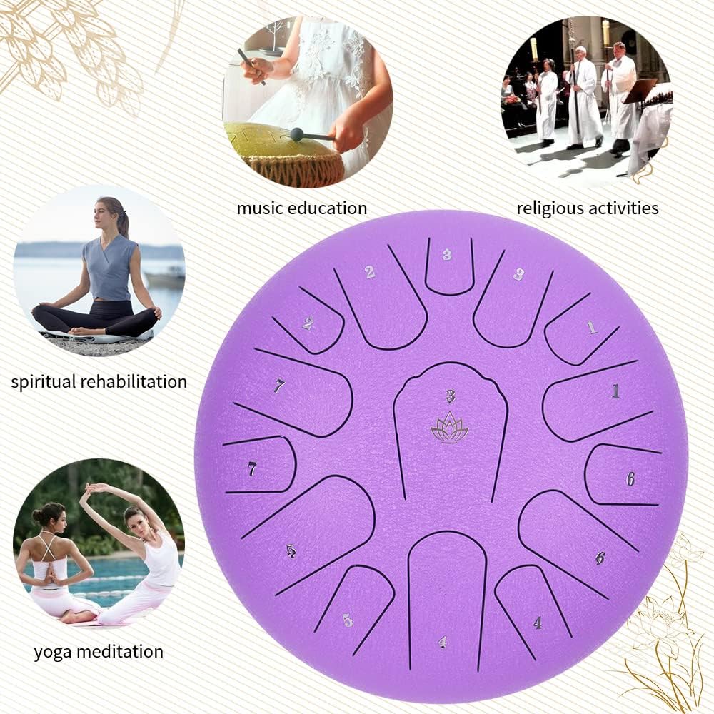 Rain Drum for Outside Garden,Steel Tongue Drum 12 Inches 15 Notes Musical Instruments, Handpan Drum Percussion Instrument, with Soft Bag, Music Book, 2 Mallets, for Meditation or Yoga (Purple)