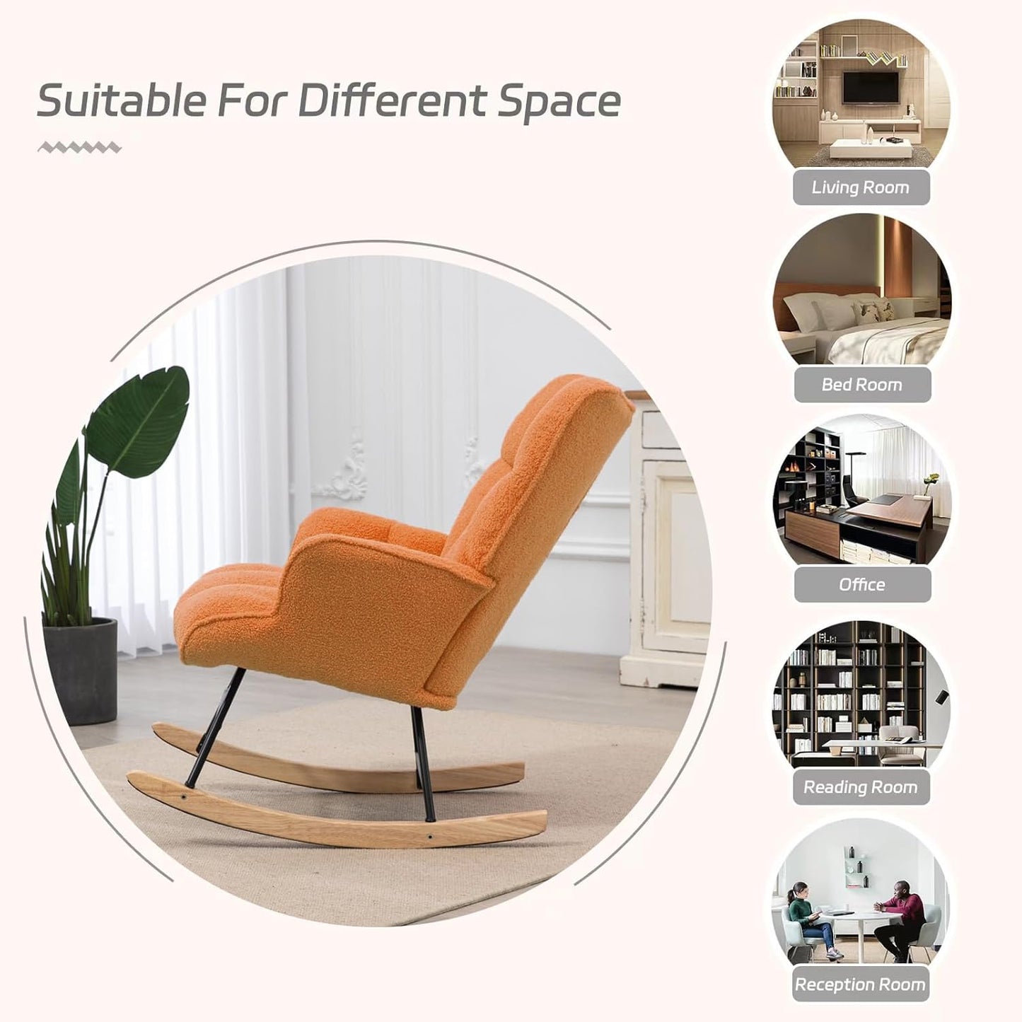 Rocking Chair Nursery Teddy Upholstered Glider Rocker Rocking Accent Chair Padded Seat with High Backrest Armchair Comfy Side Chair for Living Room Bedroom Offices (Orange Teddy)