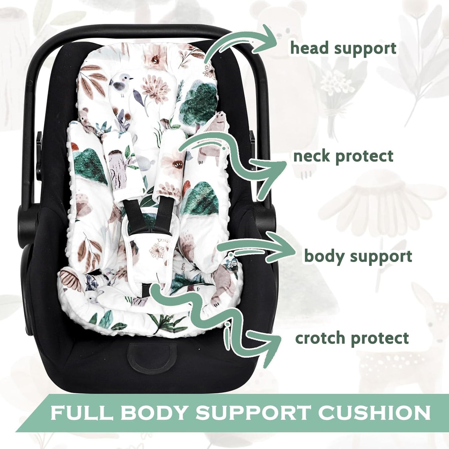 Infant Car Seat Insert and Strap Covers, Very Soft Car Seat Head Support Baby Girl Boy, Reversible Newborn Carseat Insert Cushion Fits for Stroller, Baby Swing, Bouncer (White Animals)