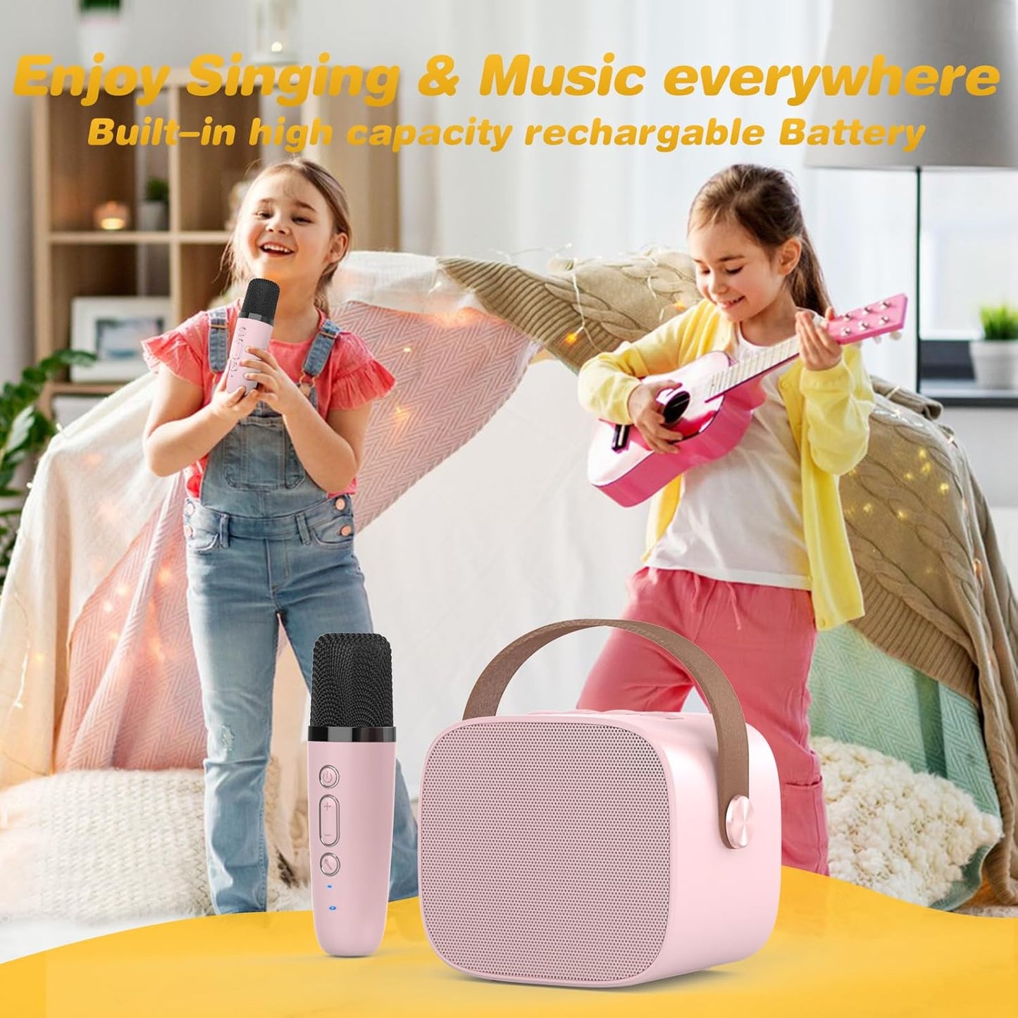 Mini Karaoke Machine,Funny Toys Christmas Birthday Gifts for Kids Age 4-12 Girls,Boys,Adults, Karaoke Microphone Toys for 4,5,6,7,8,9,10,11,12+ Year Old Girls Boys (Pink 2 Mics)
