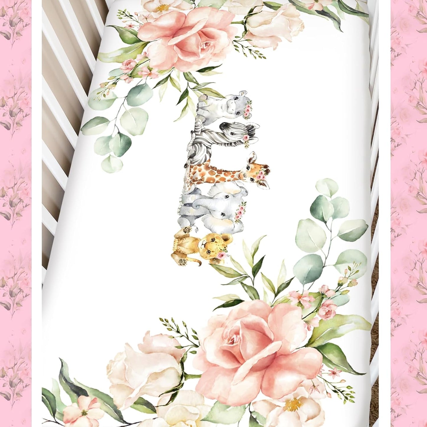 3 Pcs Baby Crib Bedding Set Safari Animals Dinosaurs Bear Woodland Animals Jungle Crib Set Includes Quilt, Fitted Sheet, Skirt for Baby Boy Girl(Pink,Safari)