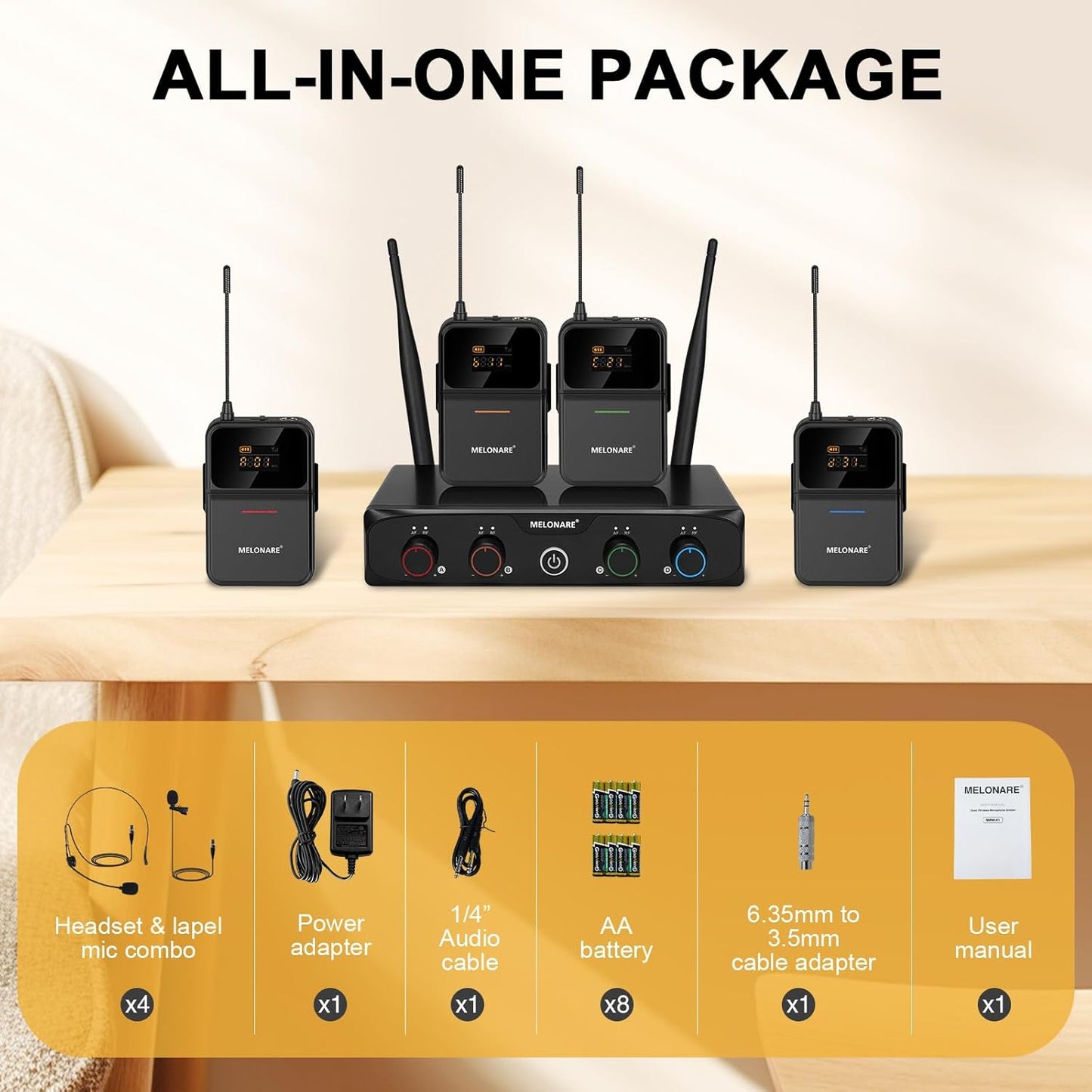 4-Channel Wireless Microphone System,UHF Compact Cordless Mic Set w/ 4x10 Frequencies, 200ft Range, 4 Bodypacks & Headset/Lapel Microphones for Singing, Church, Conference (MWM-41-4B)