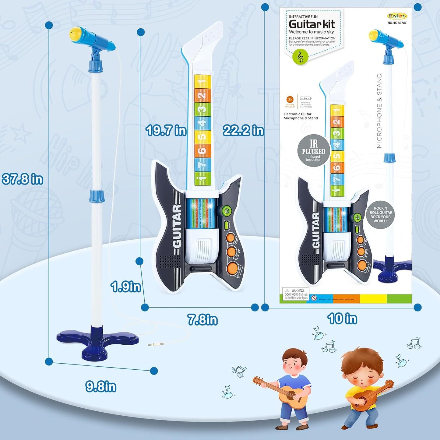 deAO Kids Guitar and Microphone Set with Stand Adjustable Height Music Light Karaoke Music Toys Christmas Birthday Gift for Kids Boys Girls (Black)