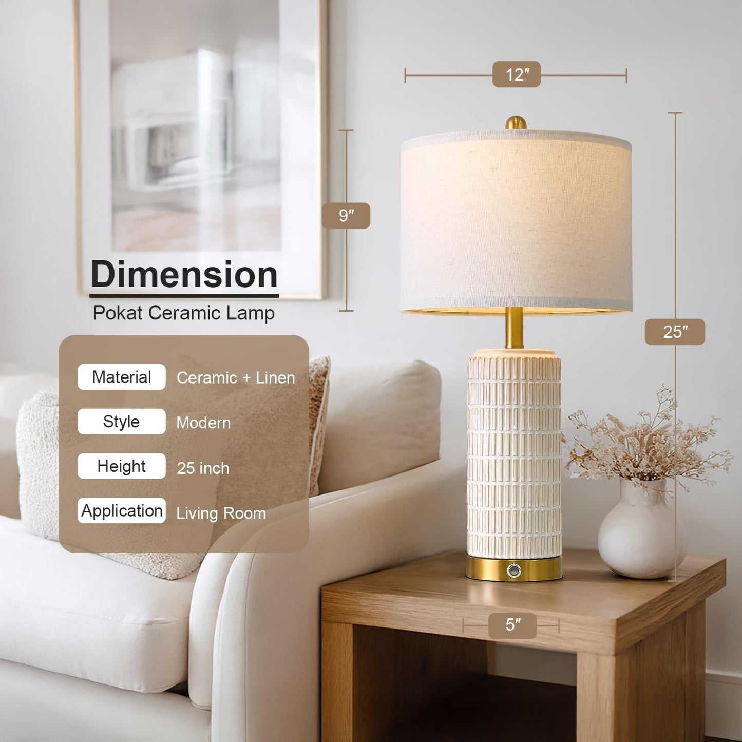 PoKat Touch Bedside Table Lamps with USB Ports for Bedroom, 25'' Dimmable Nightstand Touch Lamps for Living Room, Modern Ceramic Lamps for Night Stands Bedroom, Office, Nursery, White and Beige