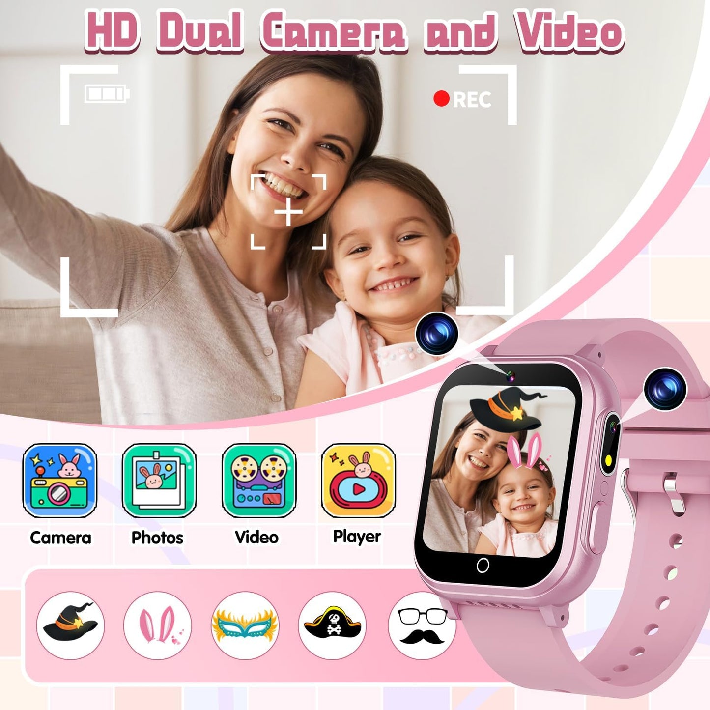 Kids Smart Watch Gift for Girls Ages 3-12, IP67 Waterproof, 32 Puzzle Games, HD Touchscreen Dual Camera Vedio Pedometer Music Player, Kids Watch Toy Birthday Gifts for Girls Ages 5 6 7 8 9 10 (Pink)