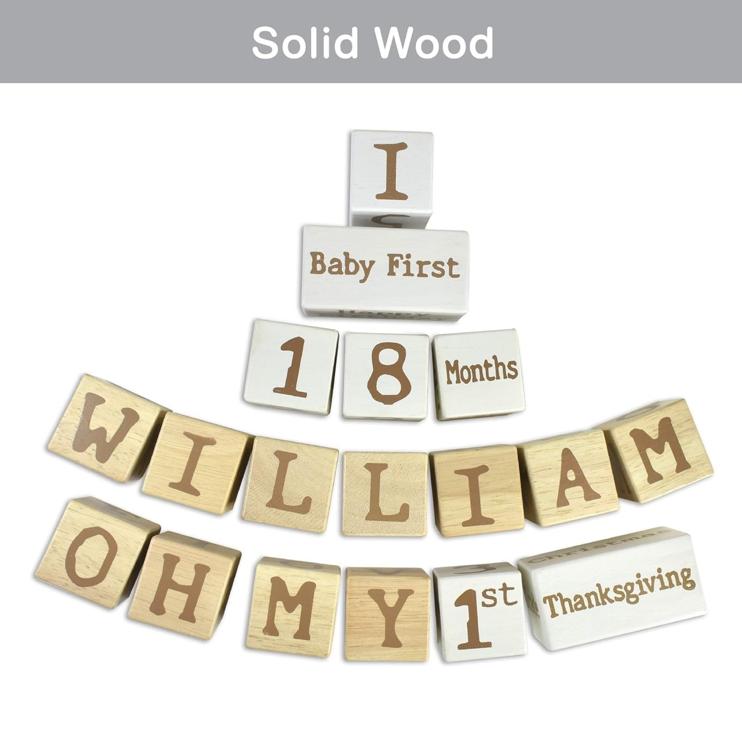 I'm Solid Wood Monthly Weekly Baby Milestone Age Blocks, Personalized Own Name, Gender Neutral, Newborn Gifts & Keepsakes for Picture Props (1.9" / 18 Pcs/Brown)