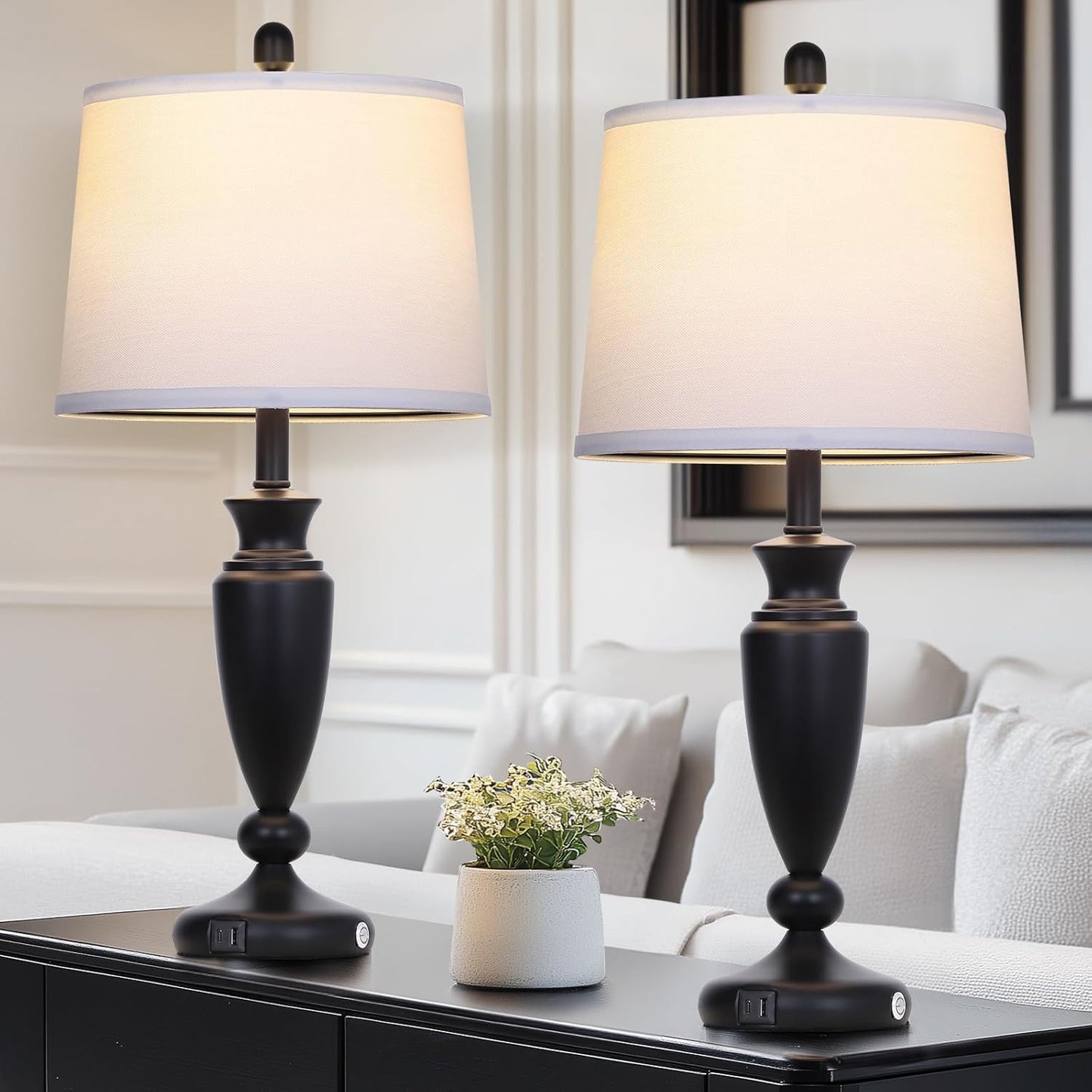 27'' Black Table Lamps Set of 2, 3 Way Touch Control Living Room Lamps with USB A+C Ports, Modern Bedside Lamps, Elegant Metal Nightstand Lamps for Bedroom Office End Table Decoration