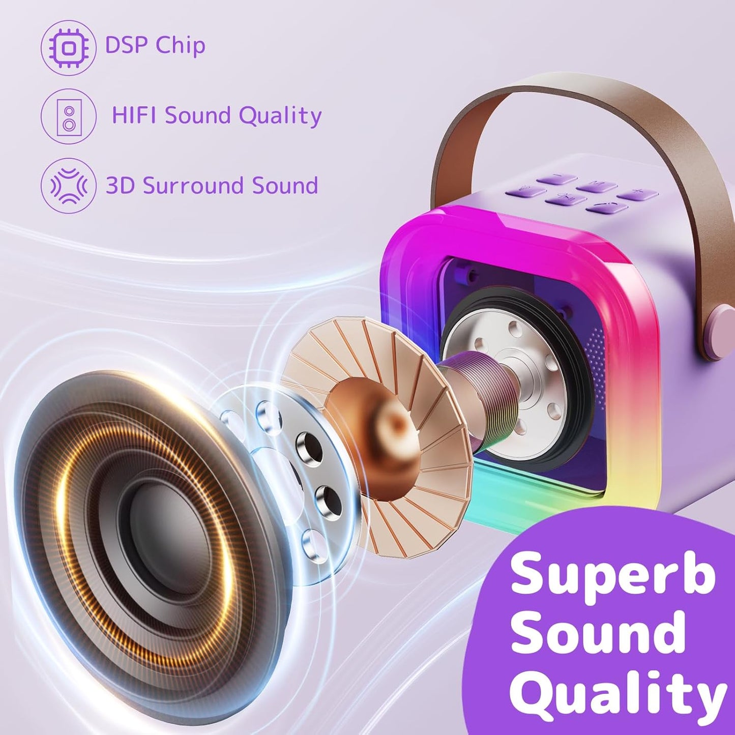 Fede Karaoke Machine for Kids Adults, Mini Karaoke Machine with 2 Wireless Microphones, Portable Bluetooth Speaker with Voice Changing Effects & LED Lights, Best Gifts Toys for Girls and Boys