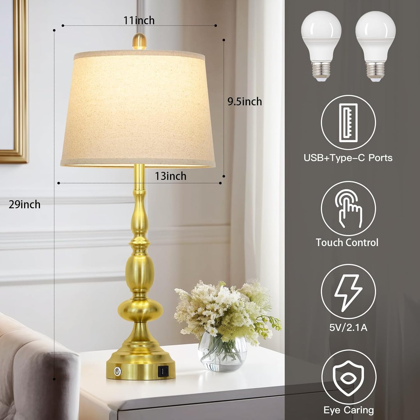 29" Modern Gold Table Lamps Set of 2, Industrial Touch Control 3-Way Dimmable Bedside Lamp with USB C+A Ports, Metal Farmhouse Nightstand Lamps for Living Room Bedroom End Tables(2 LED Bulbs Included)