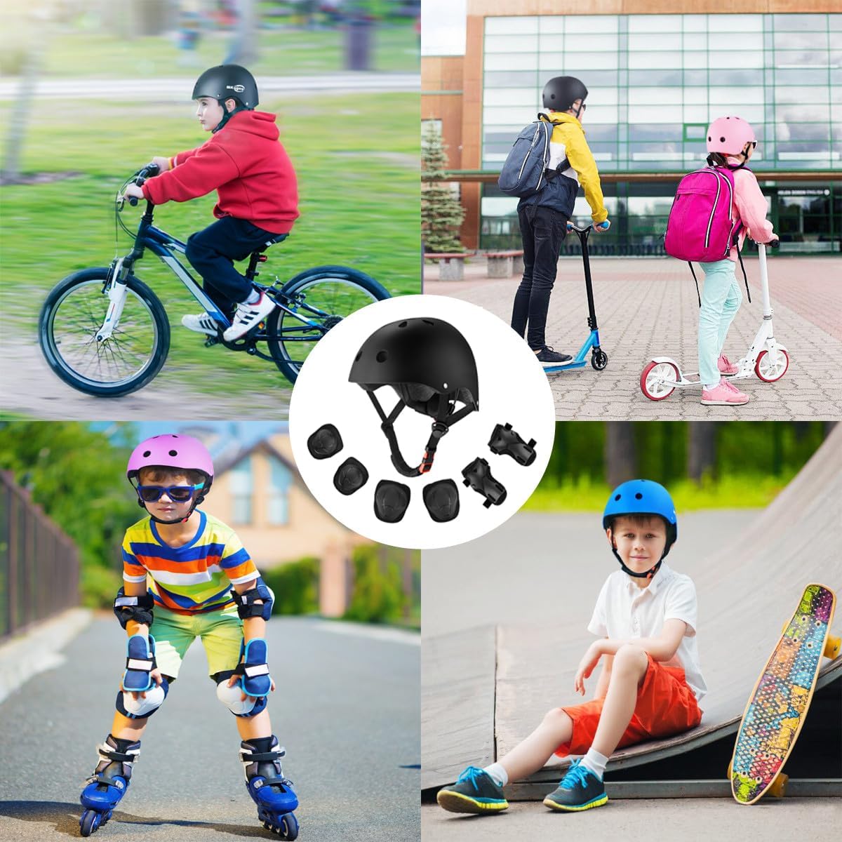Kids Bike Helmet for Ages 2-14, Adjustable Safety Toddler Helmet with Protective Gear Set, Skateboard Scooter Helmets with Knee Elbow Pads Wrist Guards